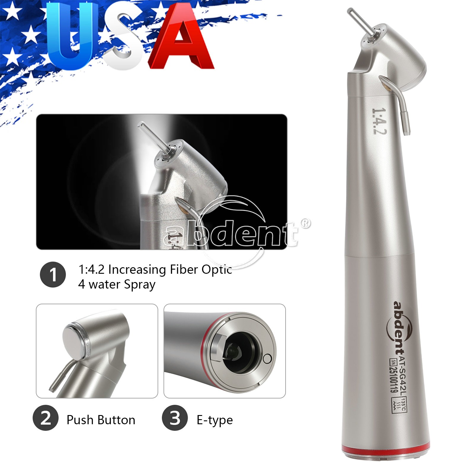 AbDent 1:4.2 45° LED Fiber Optic Contra Angle Handpiece External Water Spray