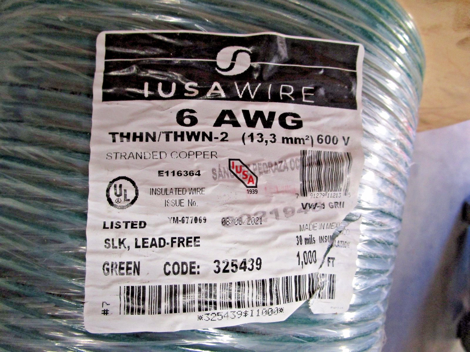 IUSA WIRE 6 AWG THHN/THWN-2 600V ~ STRANDED COPPER ~ #E116364 – QTY. 1,000 FEET