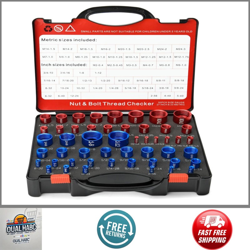 50Pcs Nut & Bolt Thread Checker Gauge 27 Standard 23 Metric Size Finder Tool Set