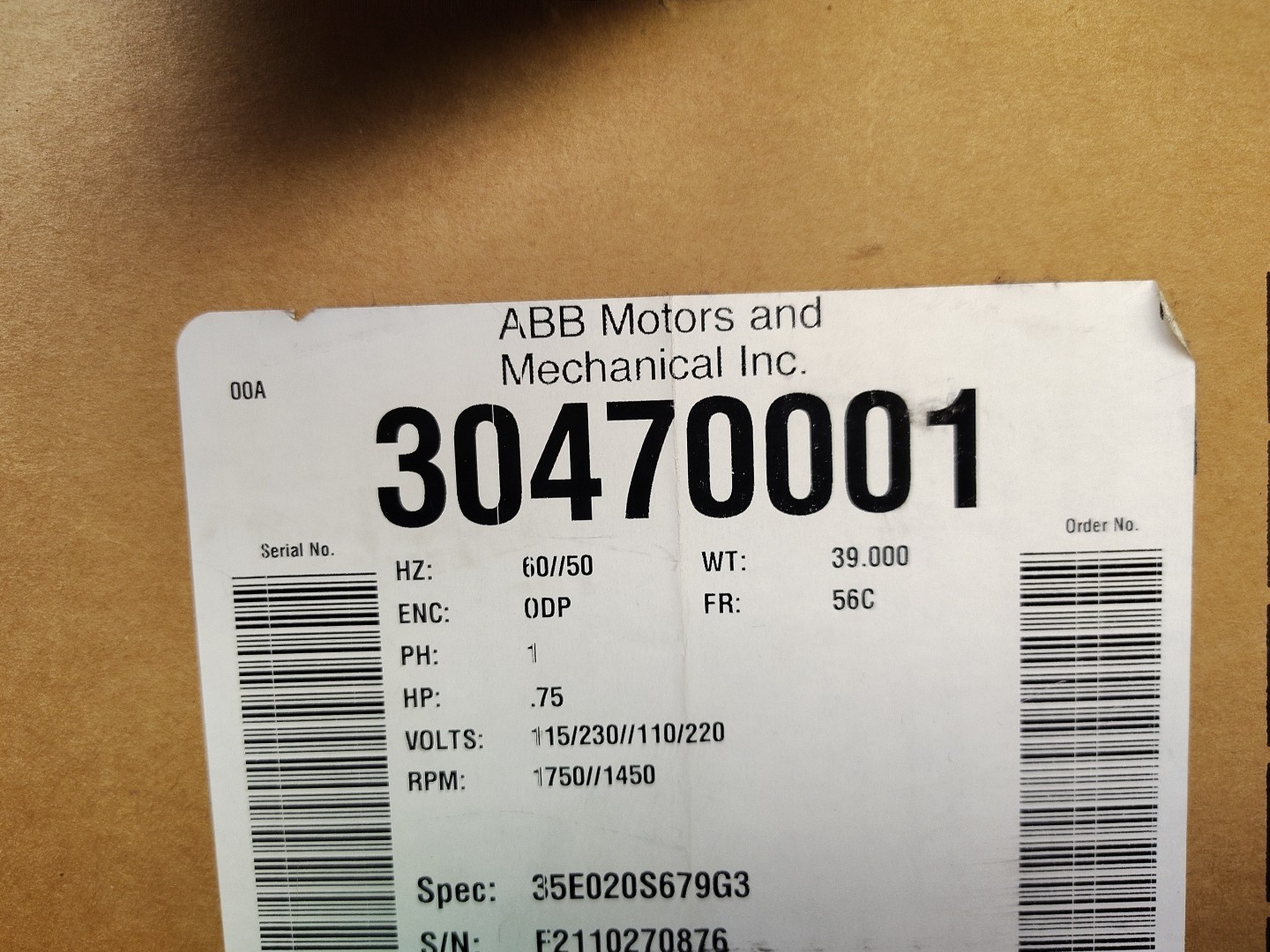 Baldor Reliance Super E Motor 35E020S679G3 .75 HP 1750/1450 RPM PH 1 ABB 115/230
