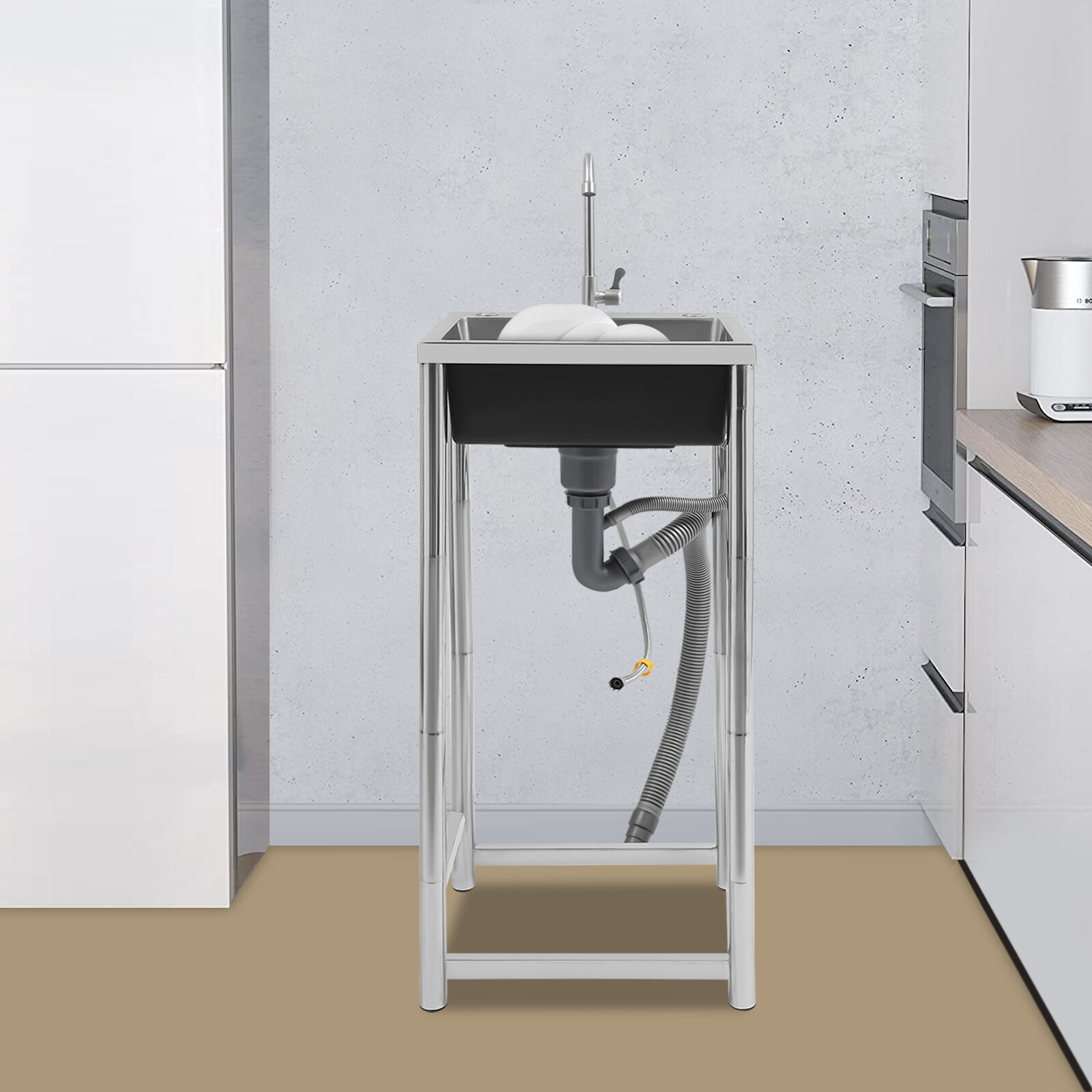 Commercial Utility Sink Stainless Steel Kitchen Sink 1 Compartment with Faucet