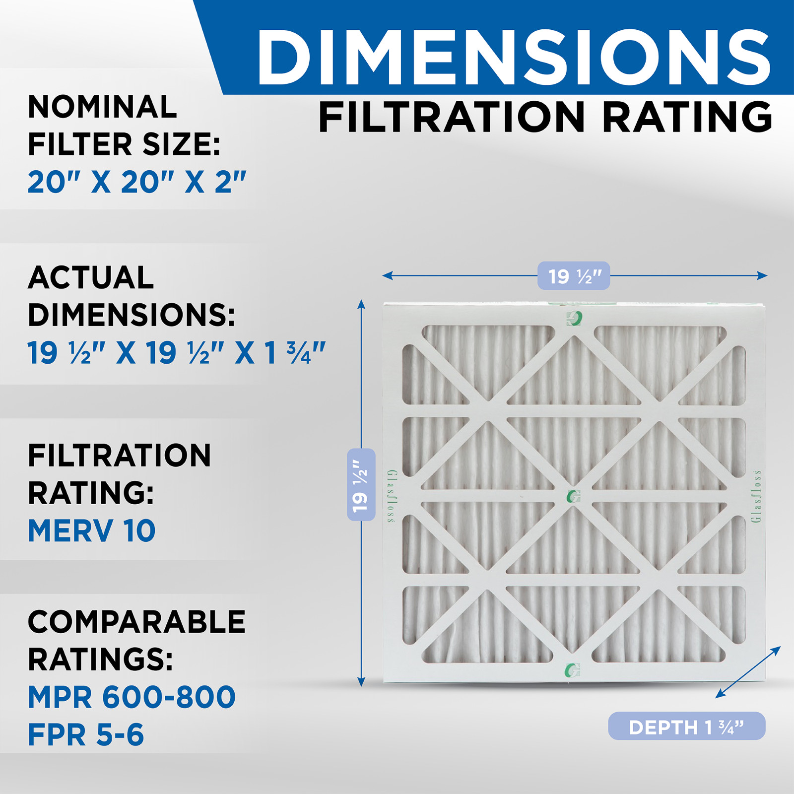 20x20x2 MERV 10 AC Air Filters. 12 PACK. Actual Size: 19-1/2 x 19-1/2 x 1-3/4