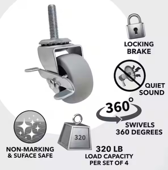 4PK 2 in. Gray Rubber Like TPR Steel Swivel Threaded Stem Caster Locking Brake