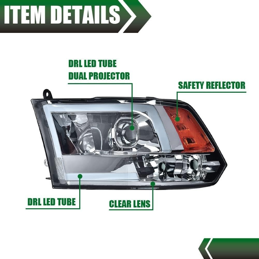LED DRL Headlamps Dodge Ram 1500-3500 2009-2012 Smoky Lens Chrome Housing Amber