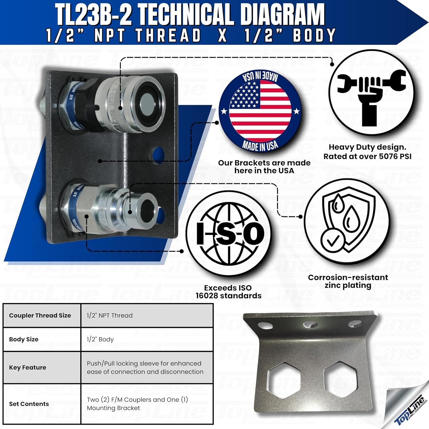 1/2″ NPT Thread Flat Face Hydraulic Quick Couplers with Mounting Bracket TL23B-2
