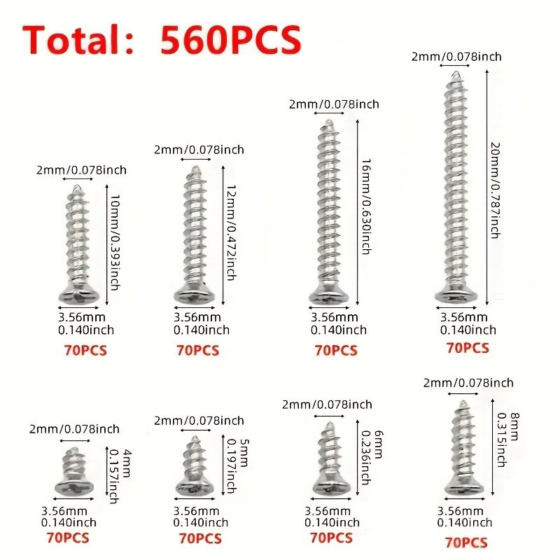 560Pcs Self Tapping Wood Screw Set 8 Sizes M2 Flat Metal Screw Assortment Kit Bo