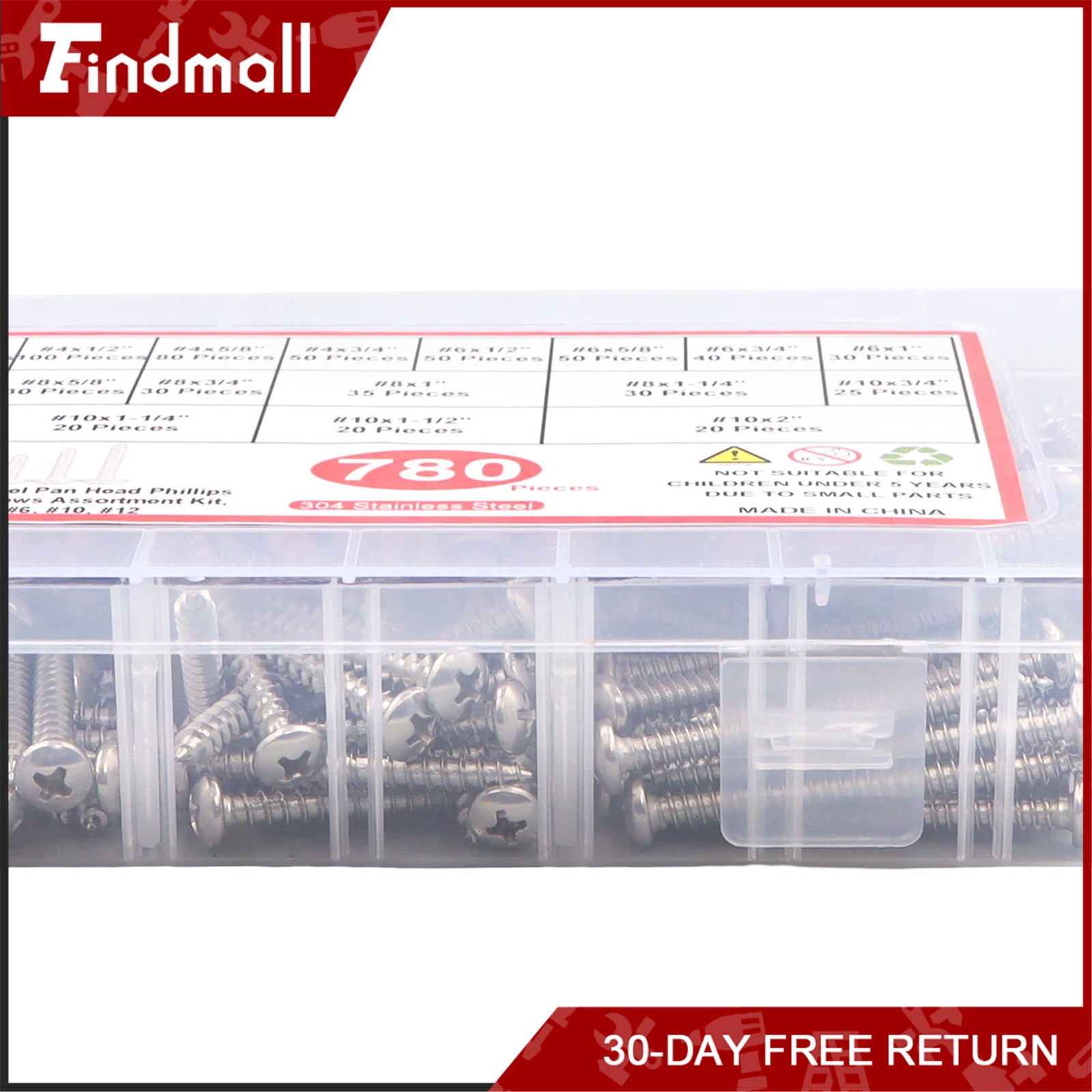 Findmall 780 PCS Pan Head Sheet Metal Screws Assortment Kit #4#6#8#10 Stainless