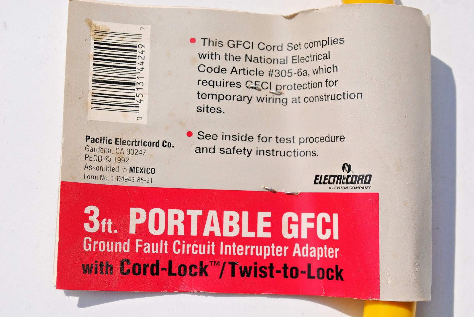 GFCI Adapter Cord 15A-125V Straight Blade Female Conn. & 20A-125V Locking Plug