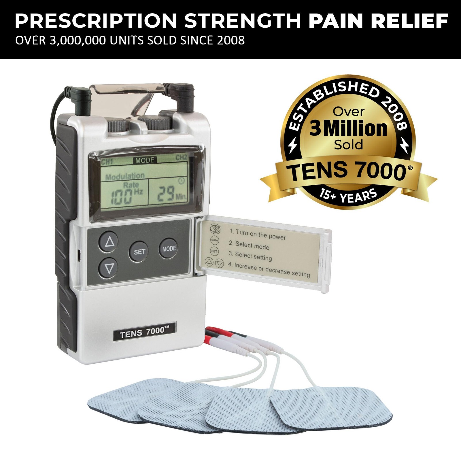 TENS 7000 Digital Unit with Accessories – Muscle Stimulator Black