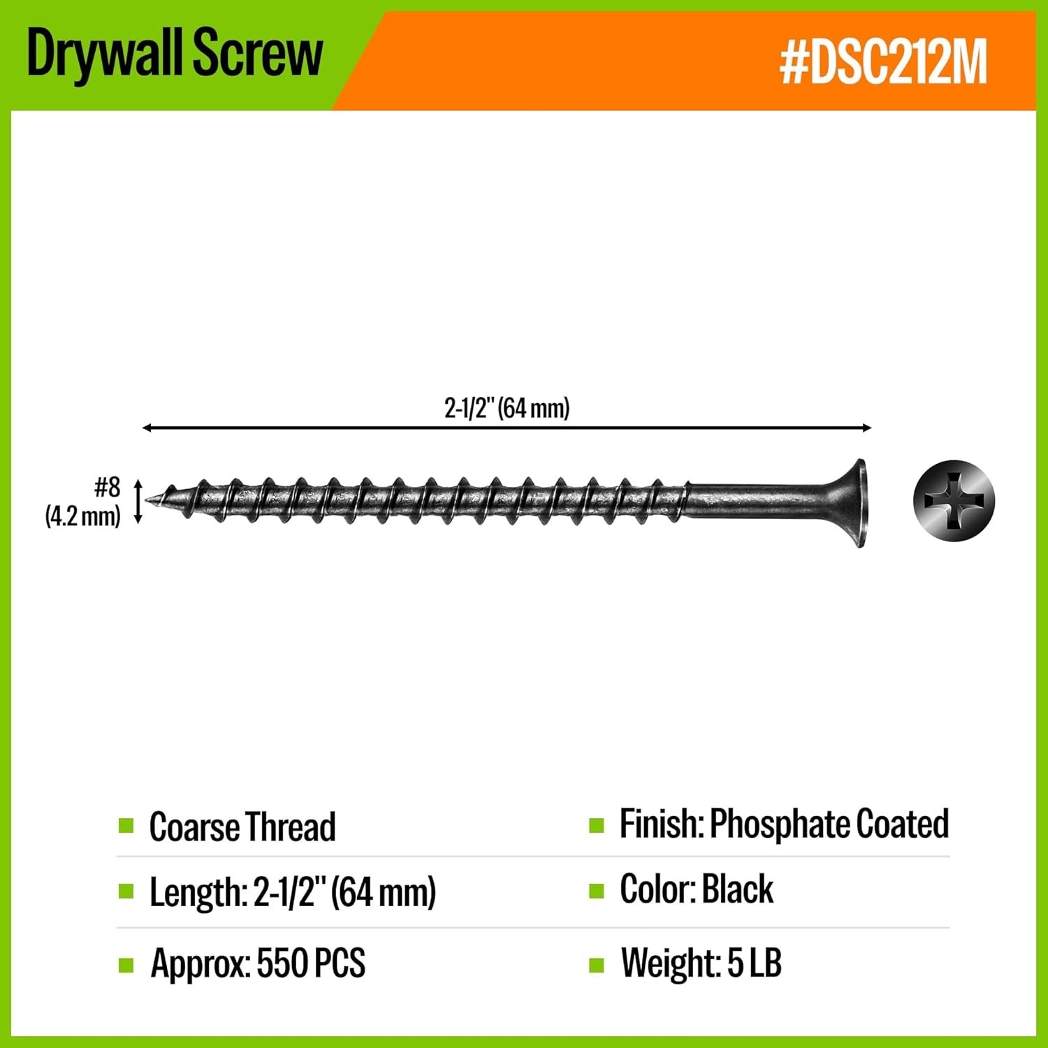 meite Drywall Screws #8 x 2-1/2″ Coarse Thread Phosphate Finish Phillips Drive