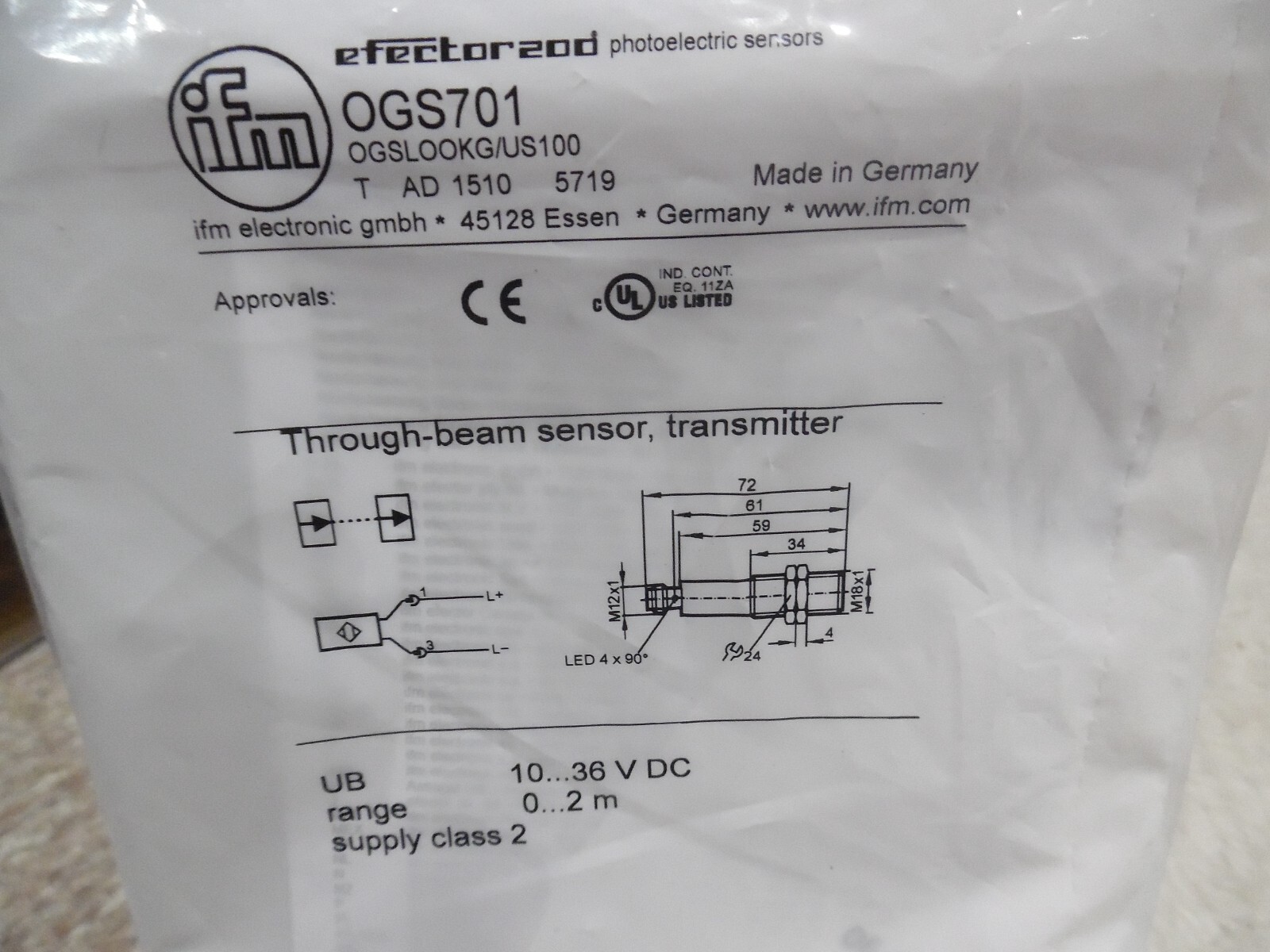 3pcs IFM OGS701 Through-beam Laser Sensor Transmitter 10…36VDC 50000 hours