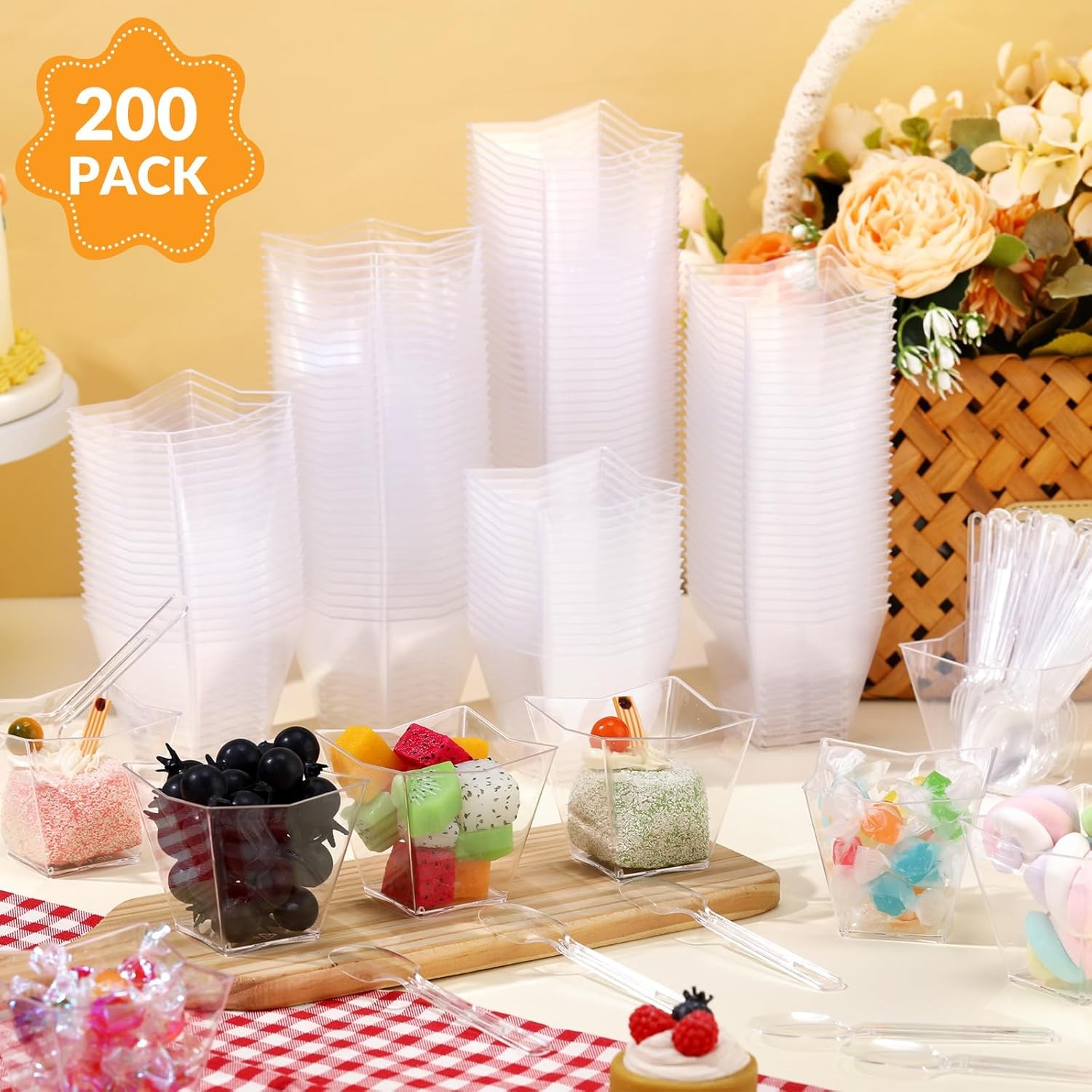 200 x 2.7 oz Mini Dessert Cups with Spoons, Square Clear Plastic Disposable