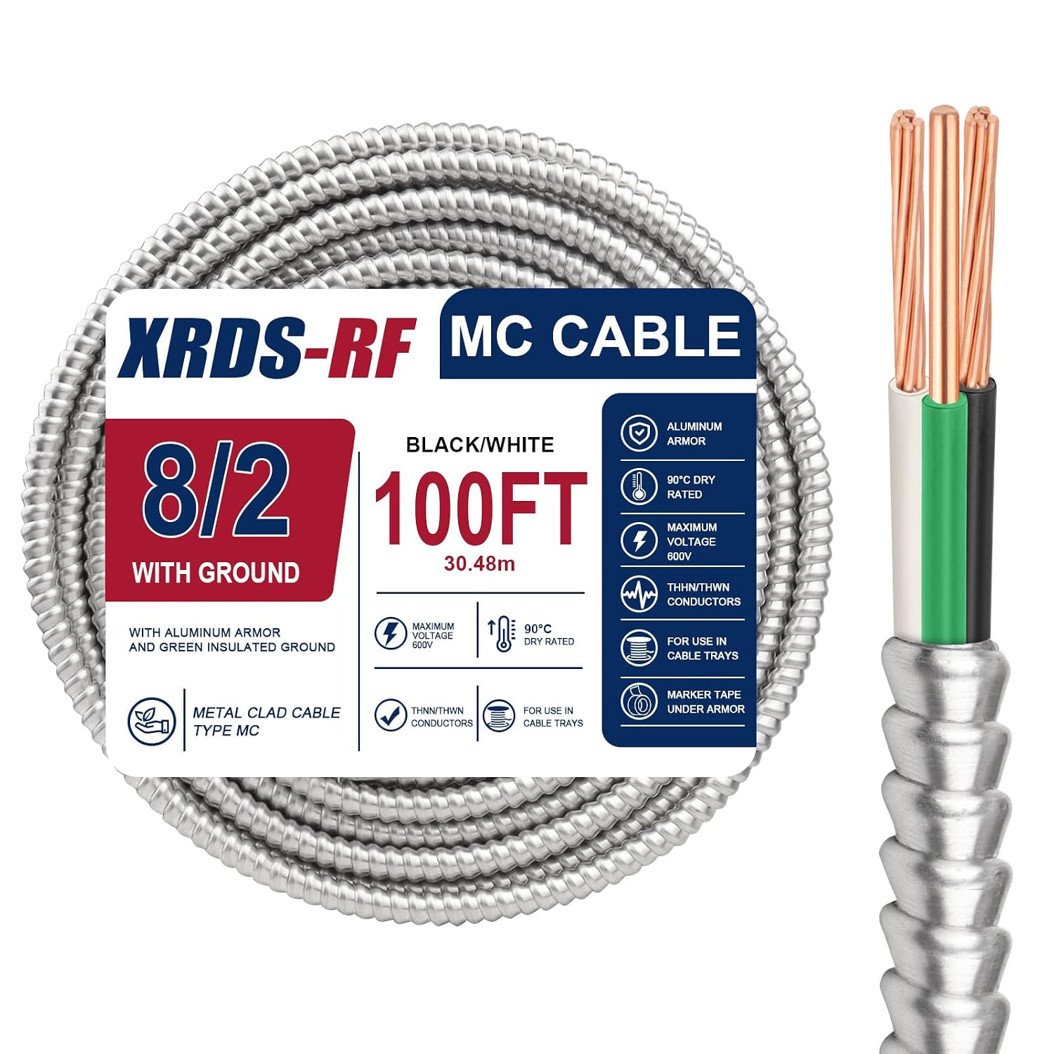 8 AWG/2 Metal Clad (MC) Armor Cable with Ground, 100FT Stranded Copper Conductor