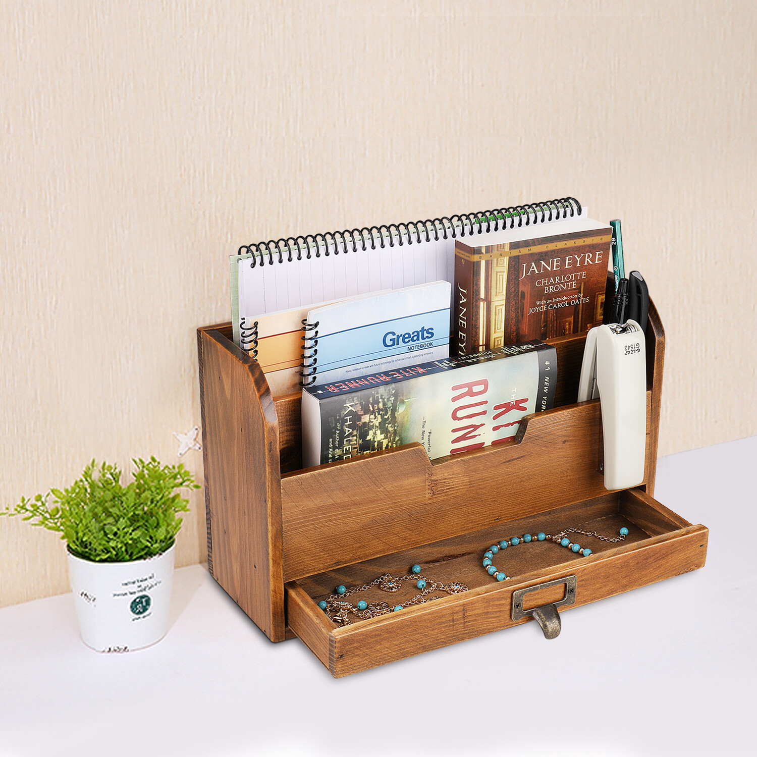 3 Tier Wooden Desk Organizer – Rustic Slot Sorter Shelf Holder with Drawer