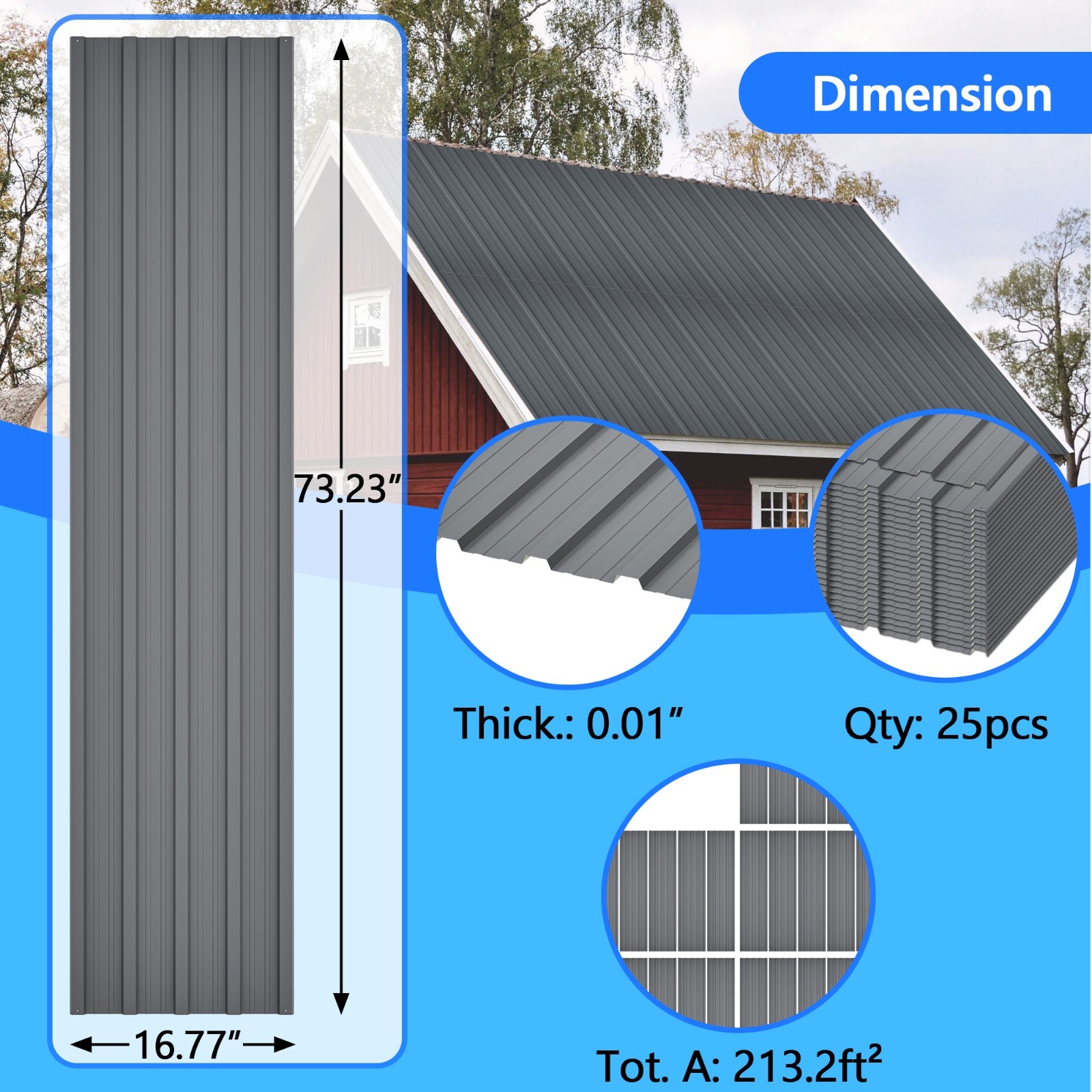 15 Pcs Galvanized Metal Roof Panels 16.77″x73.23″ Screws Included Shed Gray