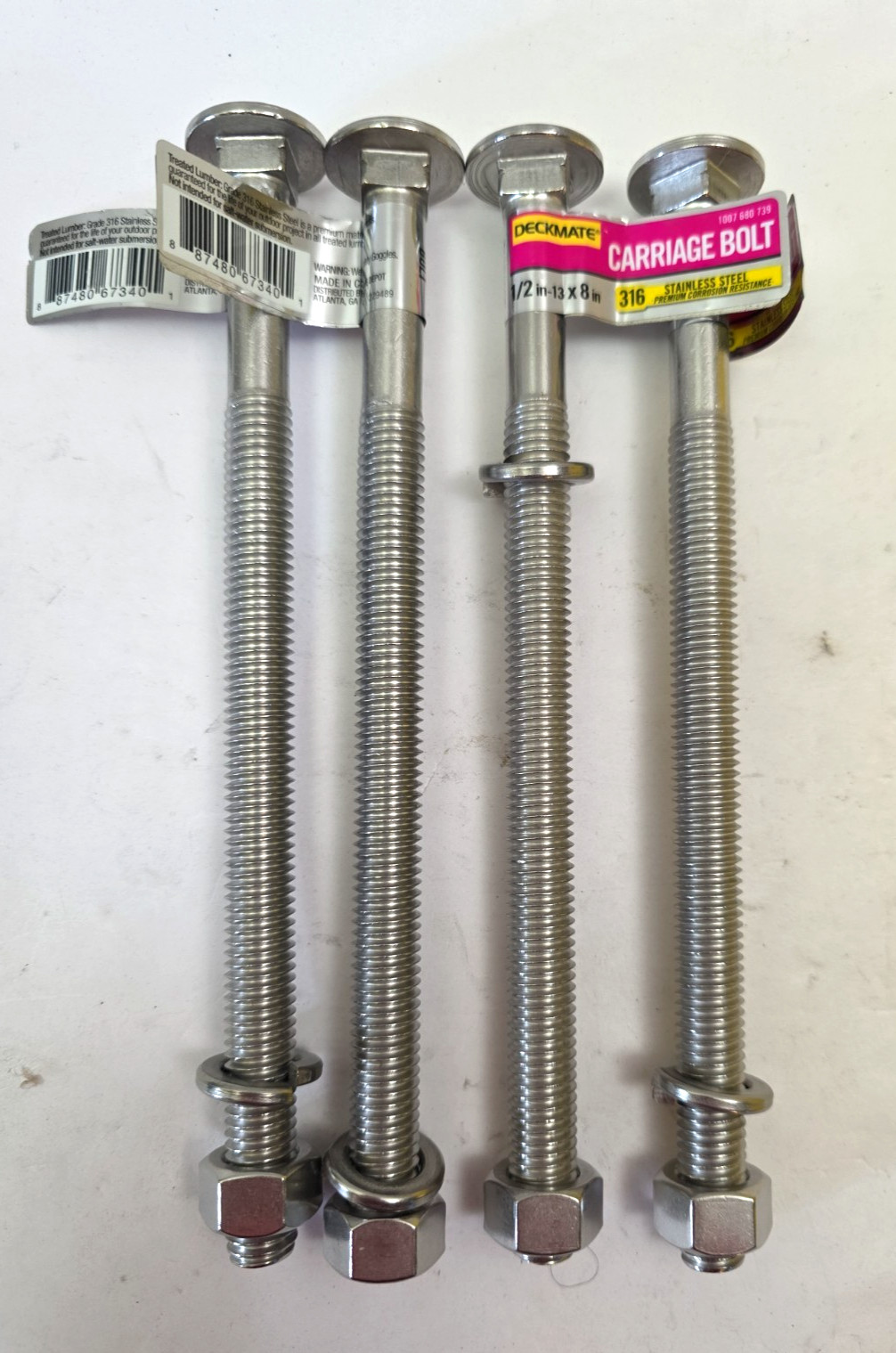 4pk Marine Grade 316 Stainless Steel 1/2-13 X 8 In. Carriage Bolt, Nut & Washer