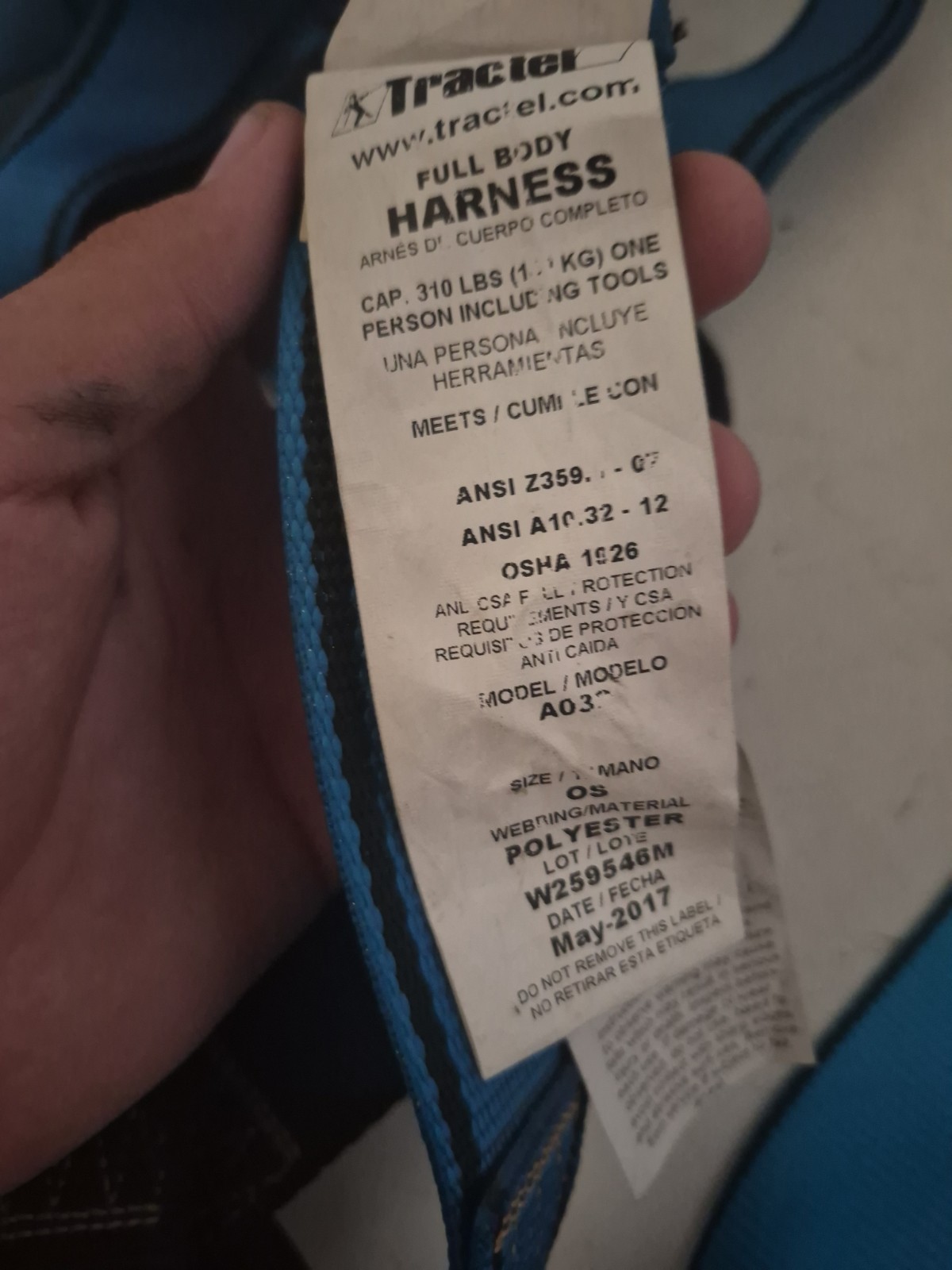 Tractel Model A03 Full Body Harness And Secure Strap