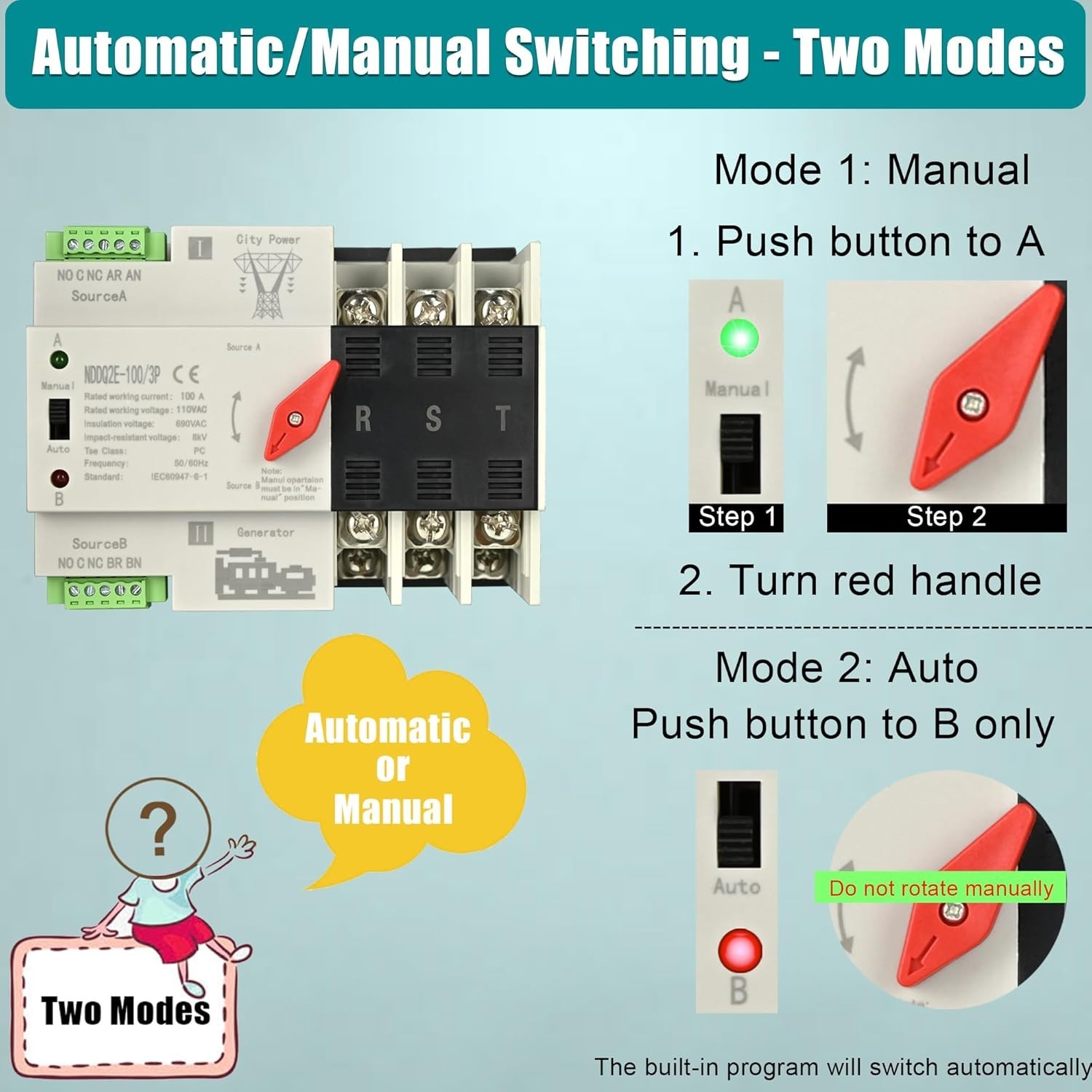 Automatic Transfer Switch 100 Amp 3 Pole for Home Generator 240V 24,000W