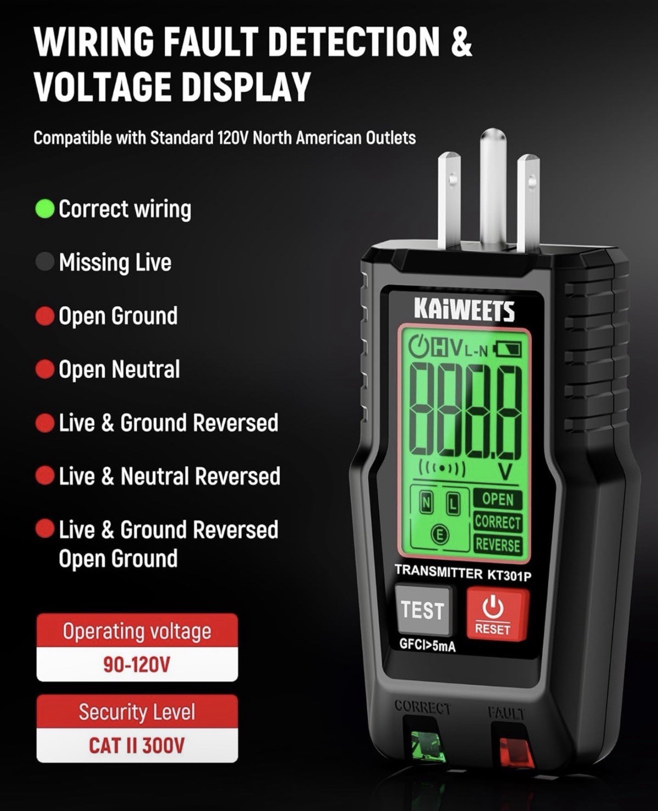 KAIWEETS Circuit Breaker Finder LCD Display Outlet Tester Black Case KT301P