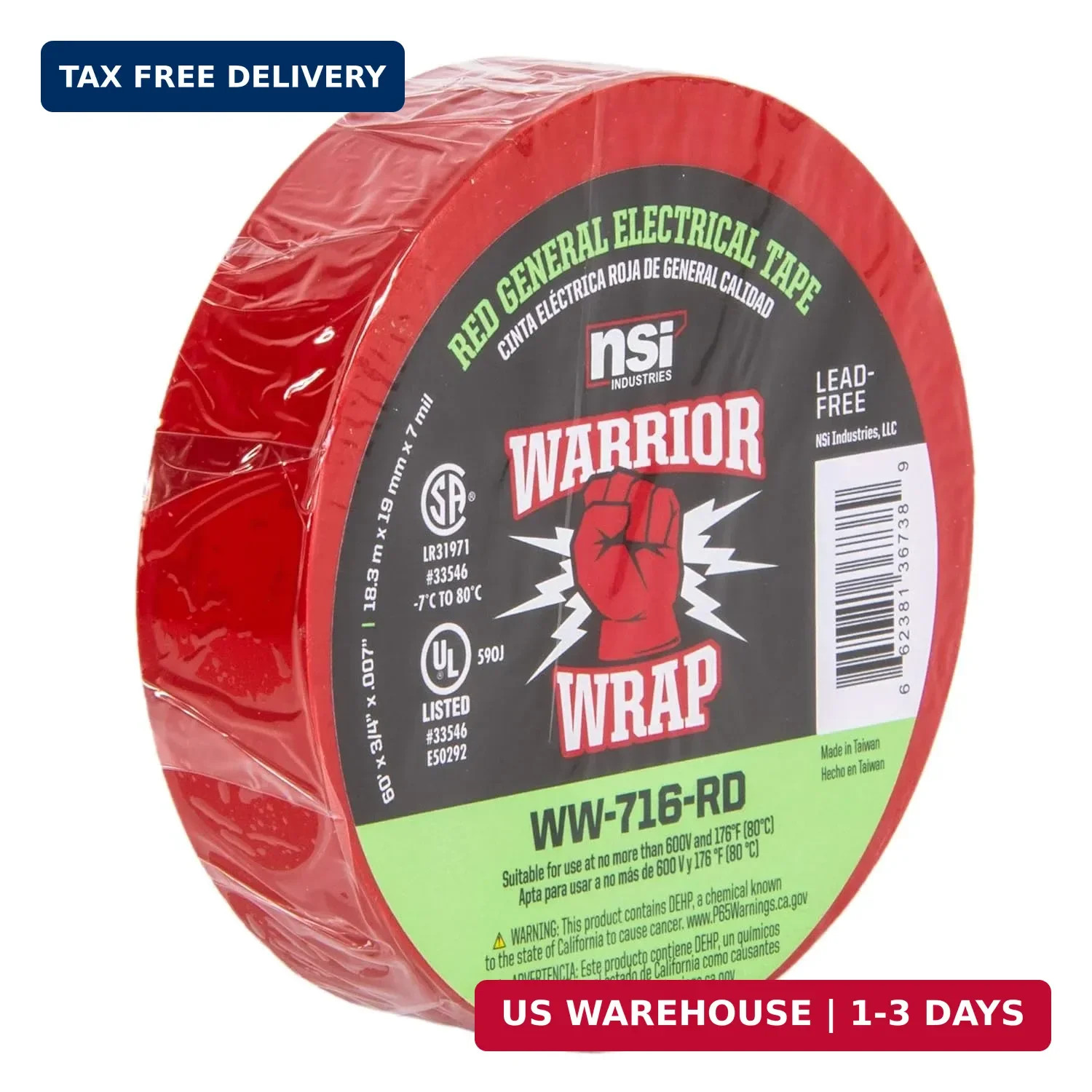 WarriorWrap General 3/4 in. x 60 ft. 7 mil Vinyl Electrical Tape, Red