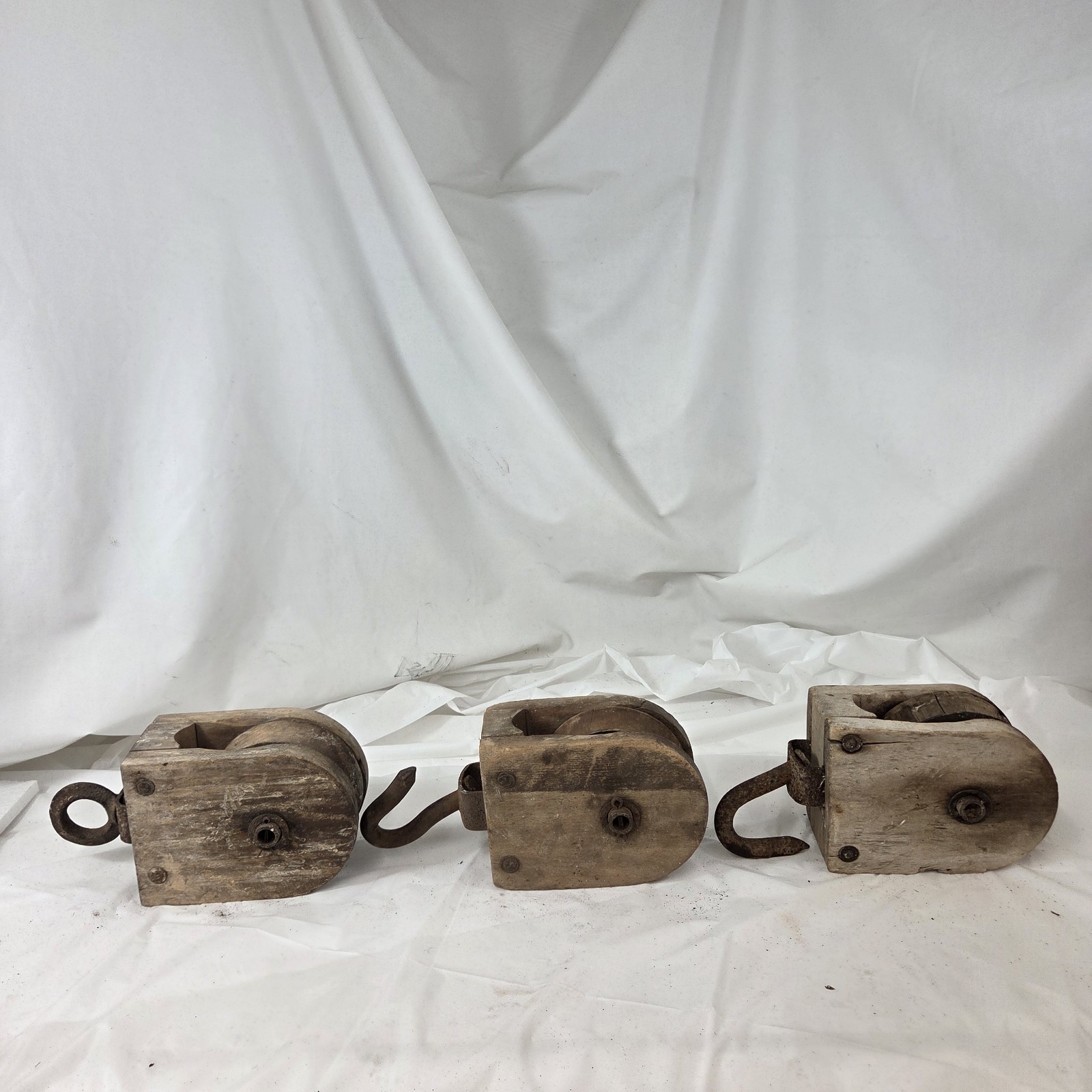 Lot 3 Vintage Wood Pulley Blocks Rustic Barn Farmhouse Industrial Decor Art