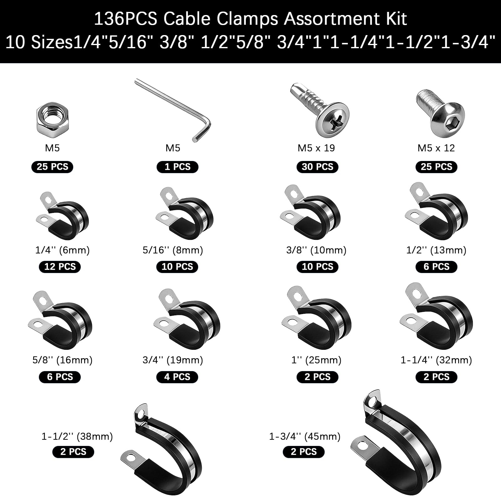 136PCS Cable Clamps Assortment Kit 304 Stainless Steel Rubber Cushion Pipe Cl…
