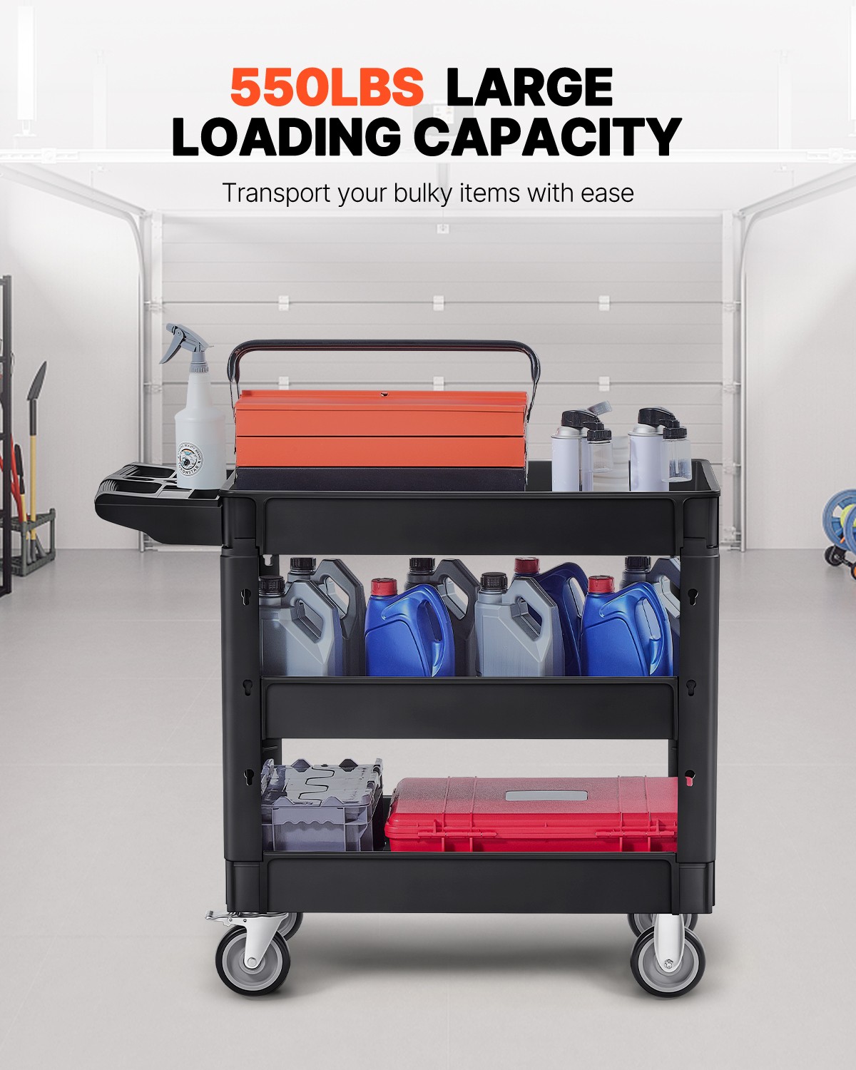 VEVOR Utility Service Cart 3 Shelf 550LBS 360° Swivel Wheels (2 with Brakes)