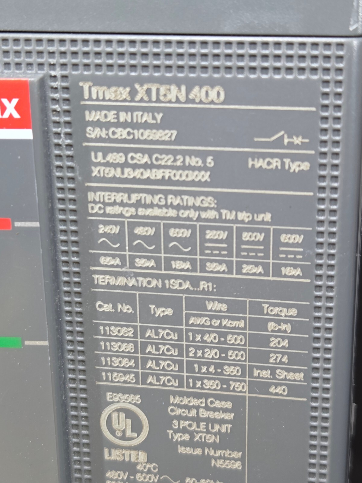 ABB SACE Tmax XT5N 400 3 Pole 400 Amp 600v Circuit Breaker New Open Box