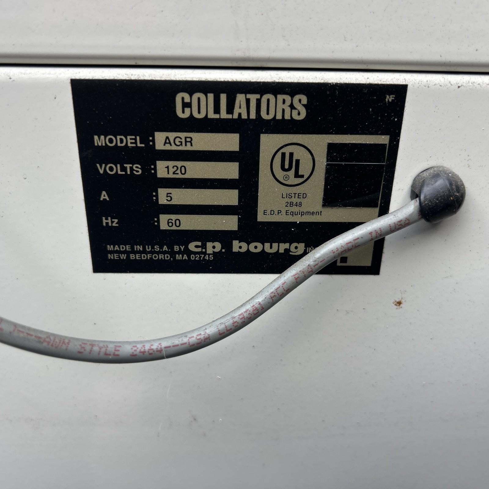 C.P. BOURG COLLATOR, MODEL AGR, 120VOLTS, 60 CYC, 5 Amp.