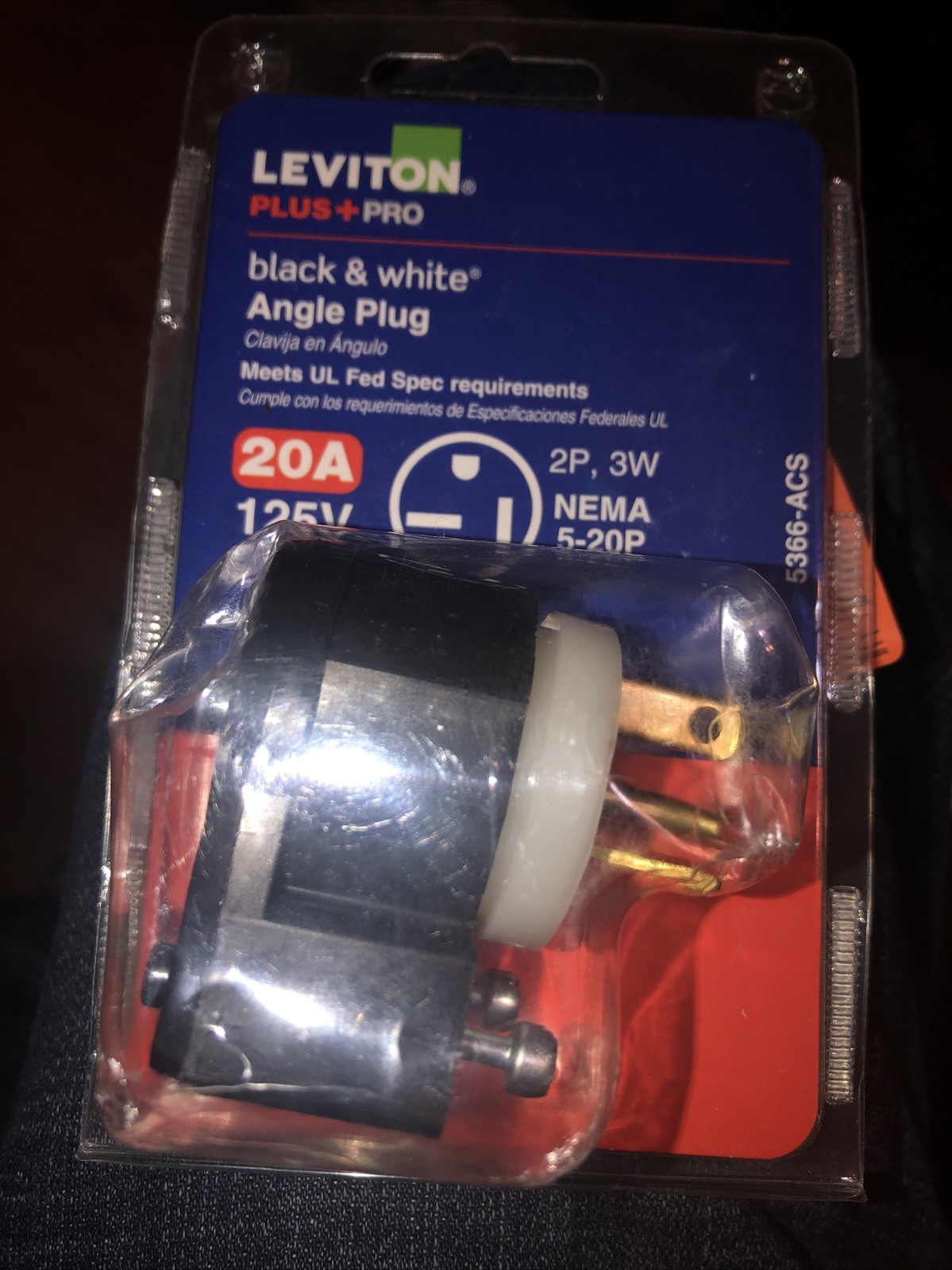 Leviton 20 Amp 125-Volt Angle Plug, Black and White
