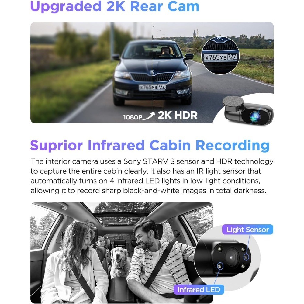 Triple Channel 4K HDR Dash Cam Front Inside Rear Car Camera 5GHz WiFi GPS Voice