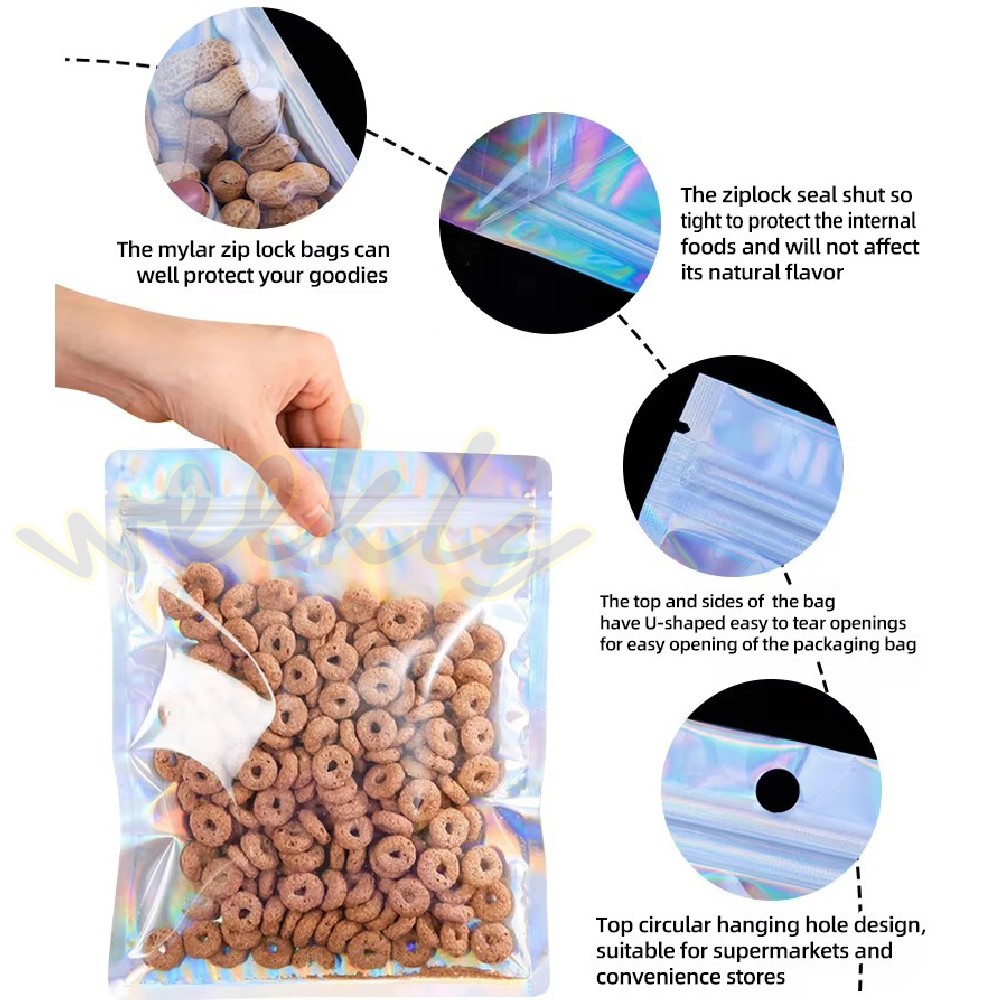 100 Holographic Mylar Foil Bags Smell Proof Resealable Clear Zip Lock Pouch Food