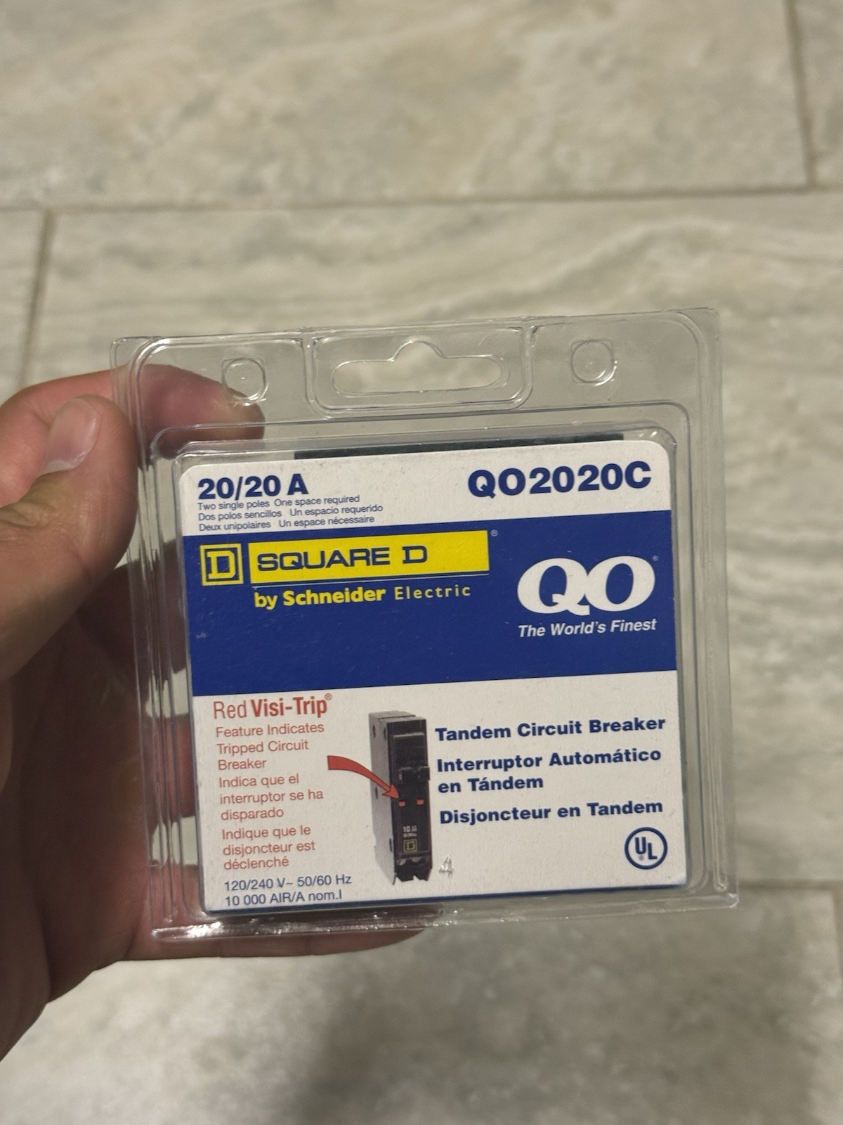 Square D QO2020C Tandem Circuit Breaker 20/20A 120/240V Red Visi-Trip
