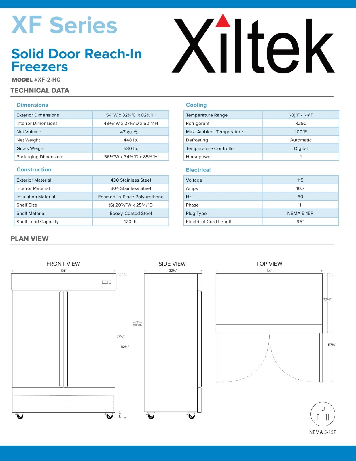 New Xiltek 54″ Commercial Freezer All Stainless Steel Reach In Two Section