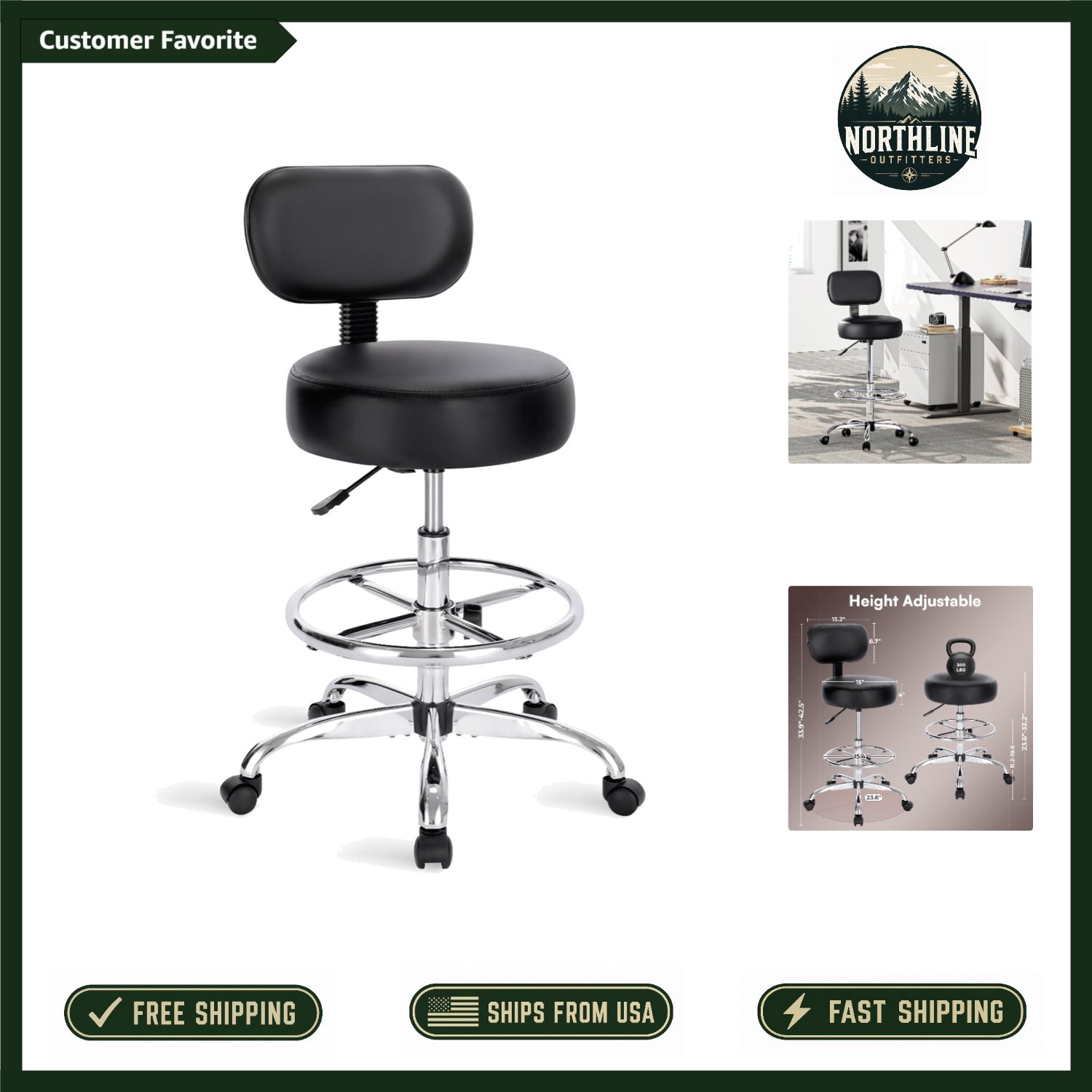 Ergonomic Drafting Chair with Adjustable Footrest – Multi-Purpose Black Stool