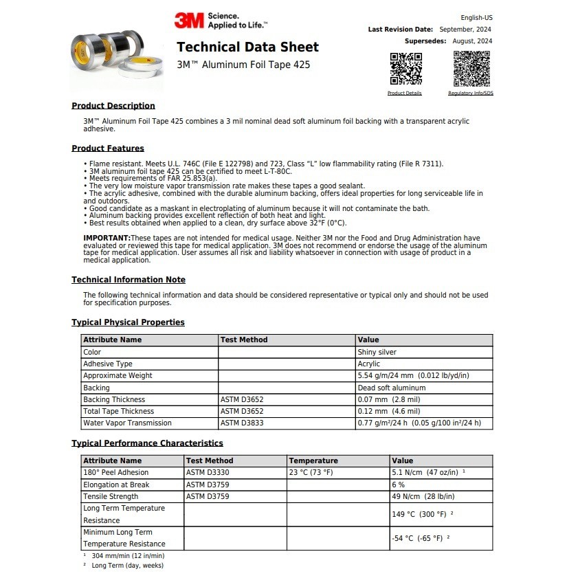 3M 425 DWB Aluminum Foil Tape 2″ x 180′ Heat Resistant HVAC Automotive Exhaust