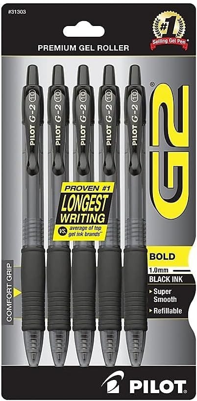 Pilot G2 Premium Gel Pens, Black Pens, Bold Point 1 mm, Pack of 5, Black