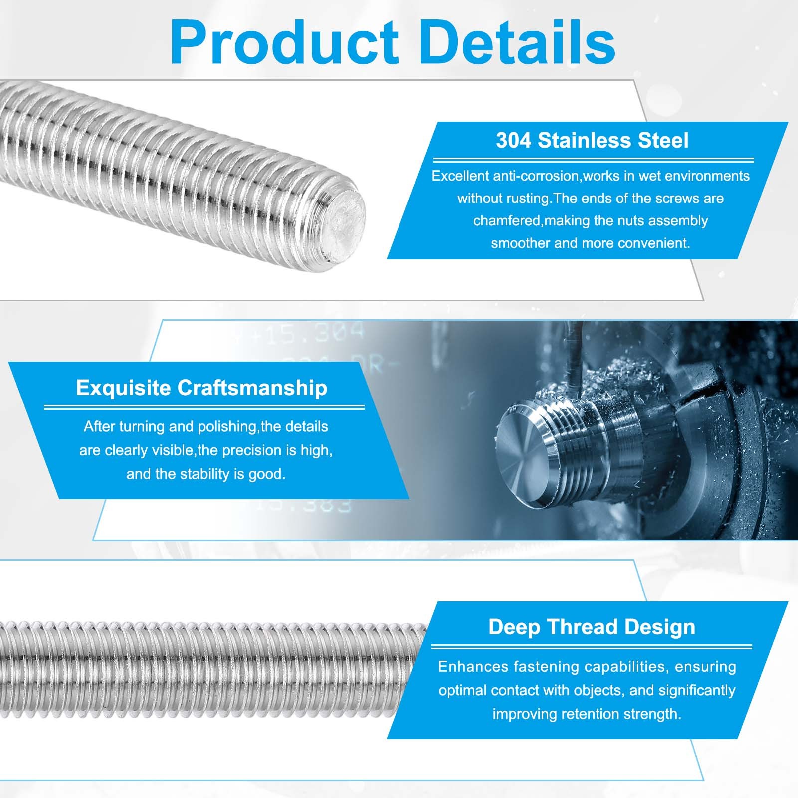 2Pcs #10-32 Fully Threaded Rod 7.9″ Length 304 Stainless Steel Thread Screw