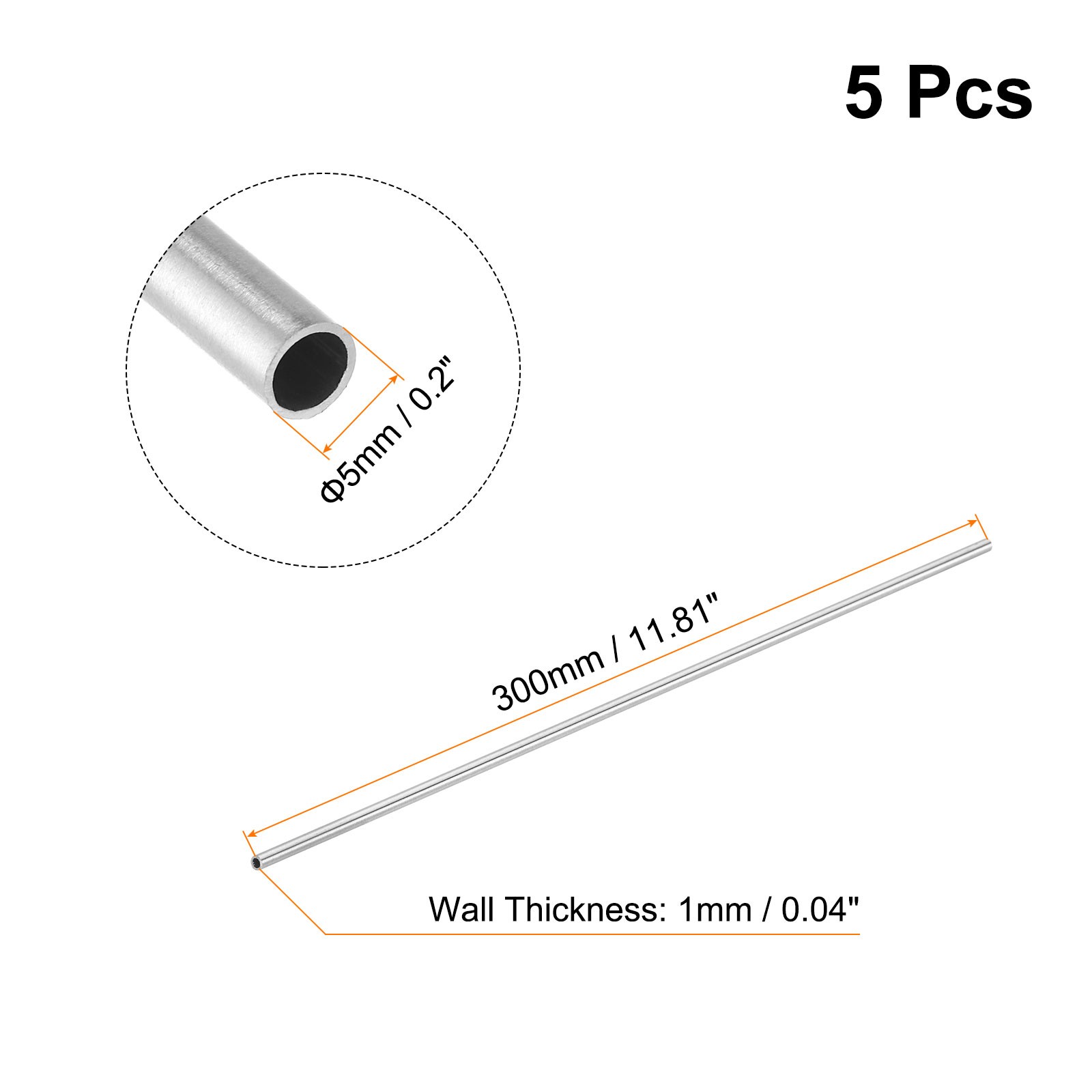 5Pcs 5x1x300mm 304 Stainless Steel Tube Metal Tubing for Industry Machinery