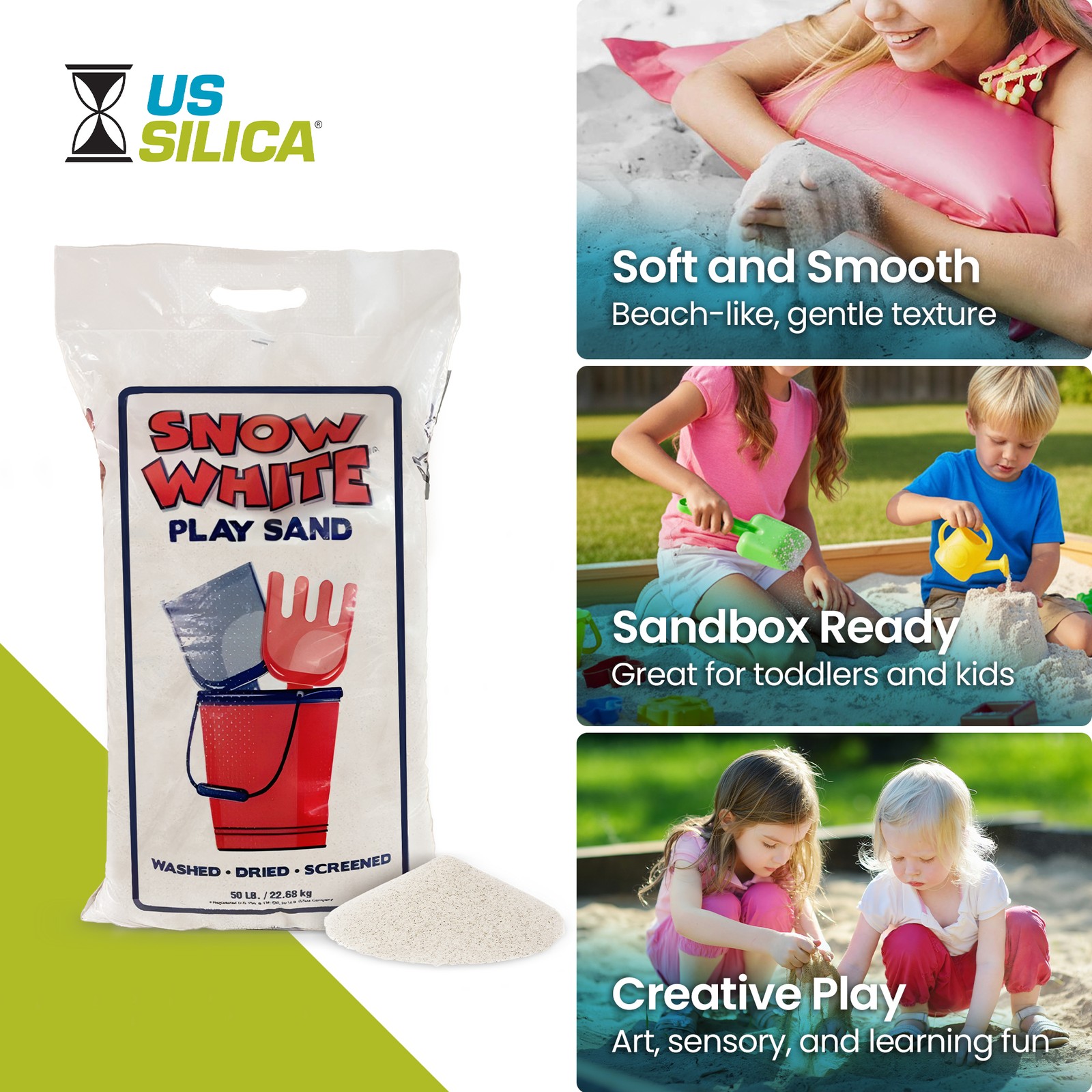 US Silica Snow White Comfortable Play Sand for Sand Tables, White, 50 Pound Bag