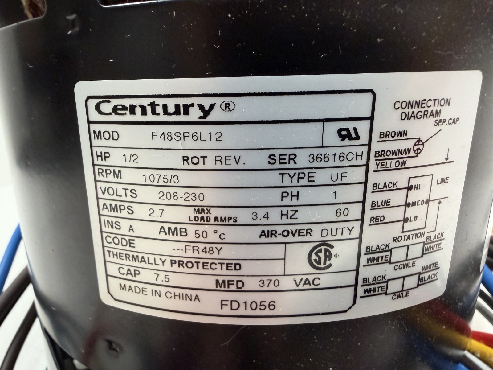 Century Fd1056 Motor Psc 1/2 Hp 1075 208-230V 48Y 3 Speed PSC Air Over