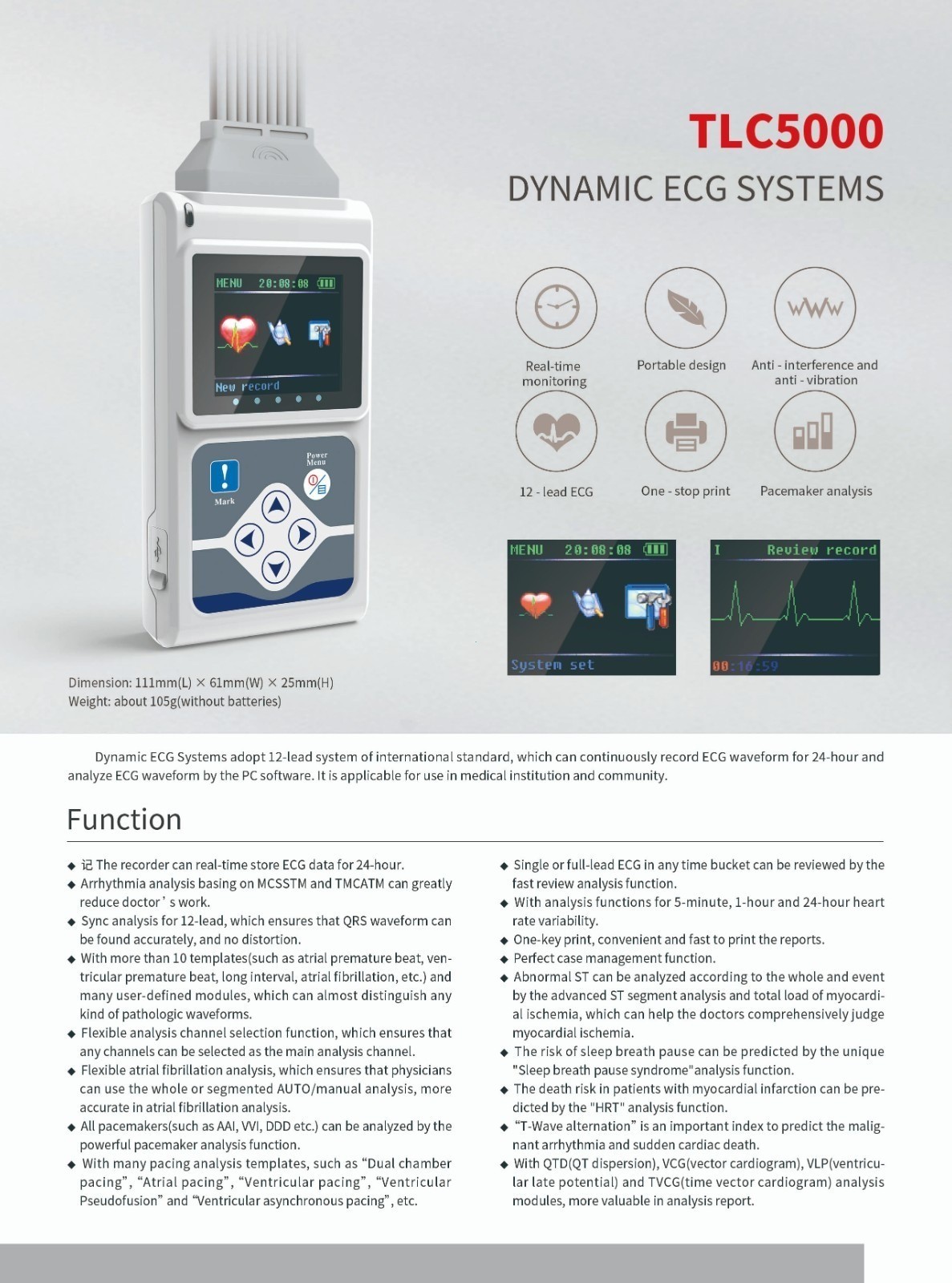 CONTEC TLC5000 12-Lead Holter ECG with PC Analysis Software, 24hr Monitoring