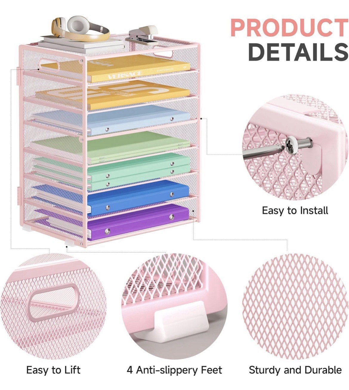 8-Tier Letter Tray Desk Paper Organizer, Mesh File Sorter Tray Organizer – Pink