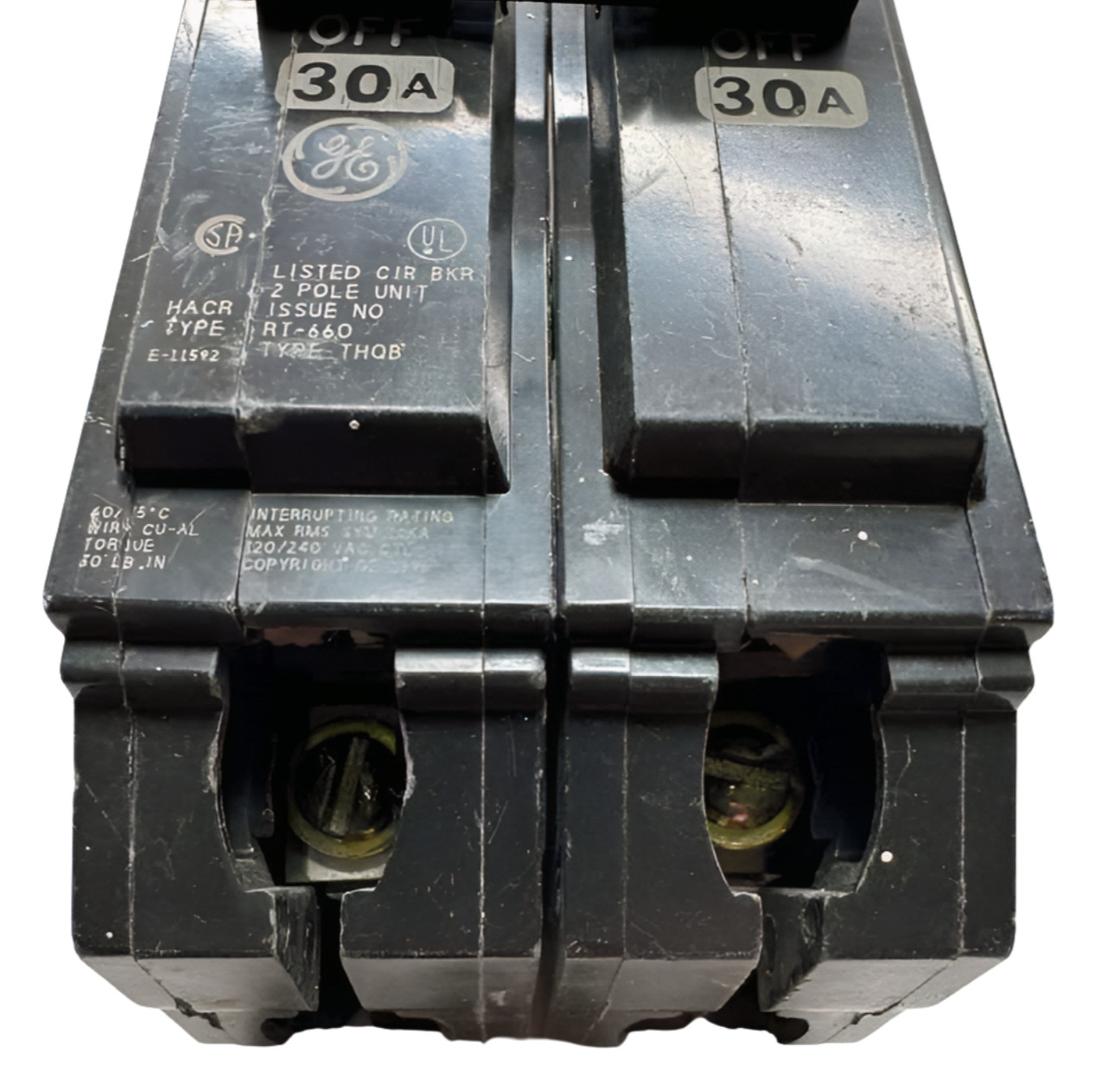 General Electric THQB2130 Circuit Breaker, 2-Pole, 30A, 120/240VAC, *Chipped*