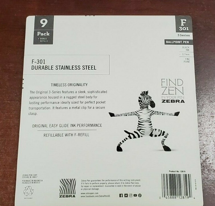 9 Zebra F301 F-301 Ball Point Pen Black Ink Fine 0.7mm Stainless Steel + refills