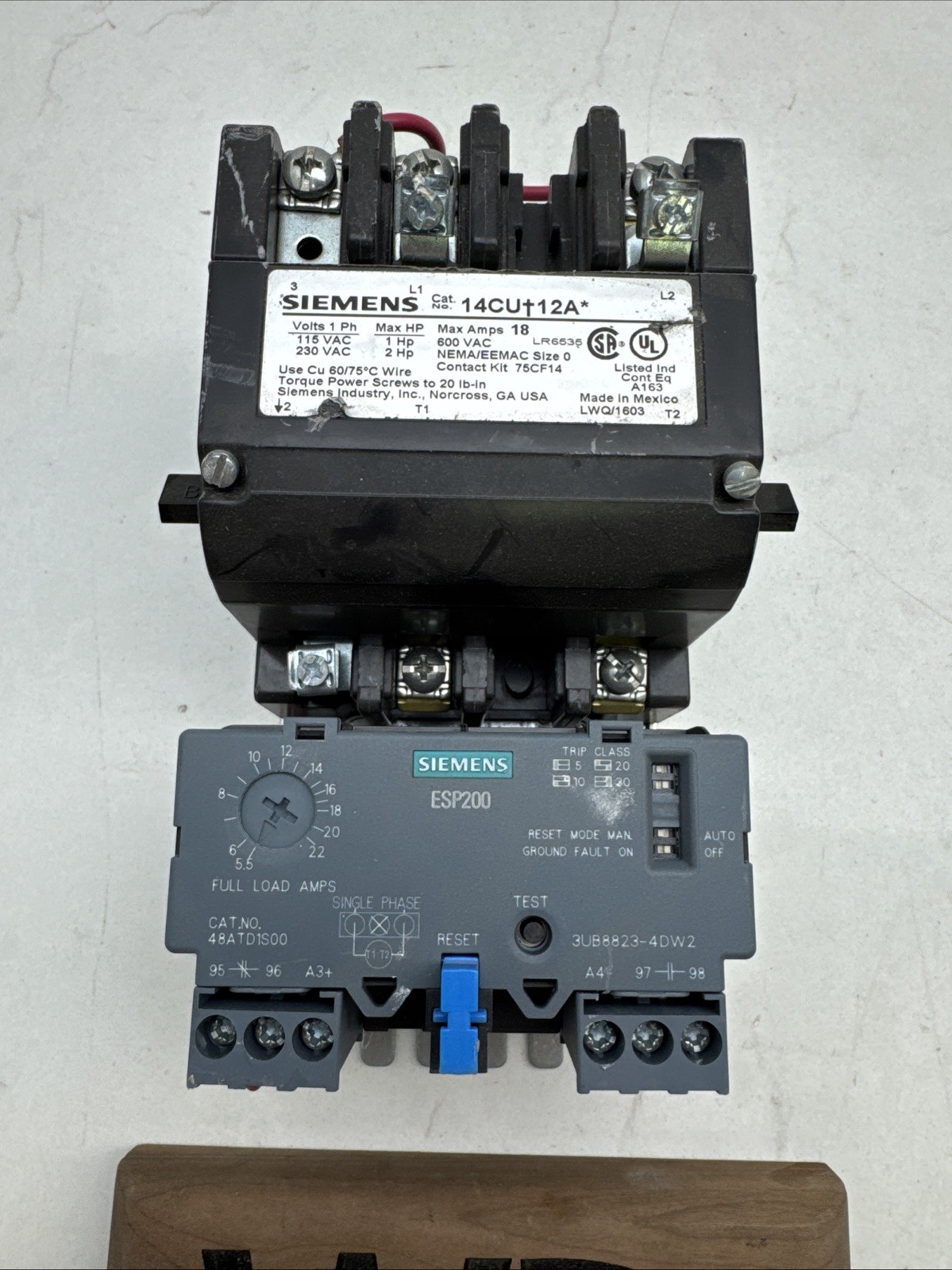 SIEMENS 14CU+12A STARTER SIZE 0 3PH 600V 18A 2HP 24V COIL 14CU12A W/ 48ATD1S00