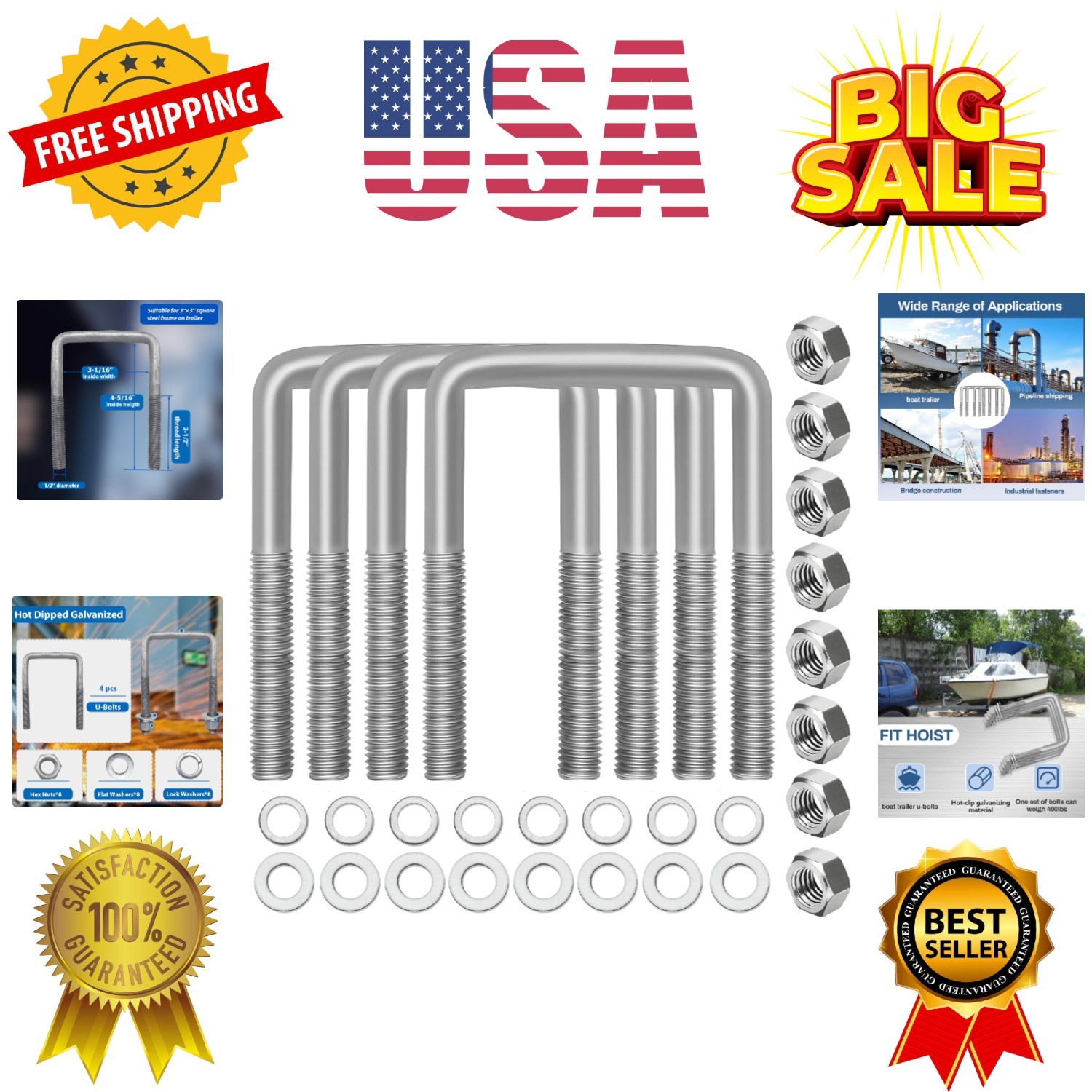 4 Pcs Hot Dipped Galvanized Square U-Bolts,1/2″ D x 3 1/16″ W x 4 5/16″ L,3 i…