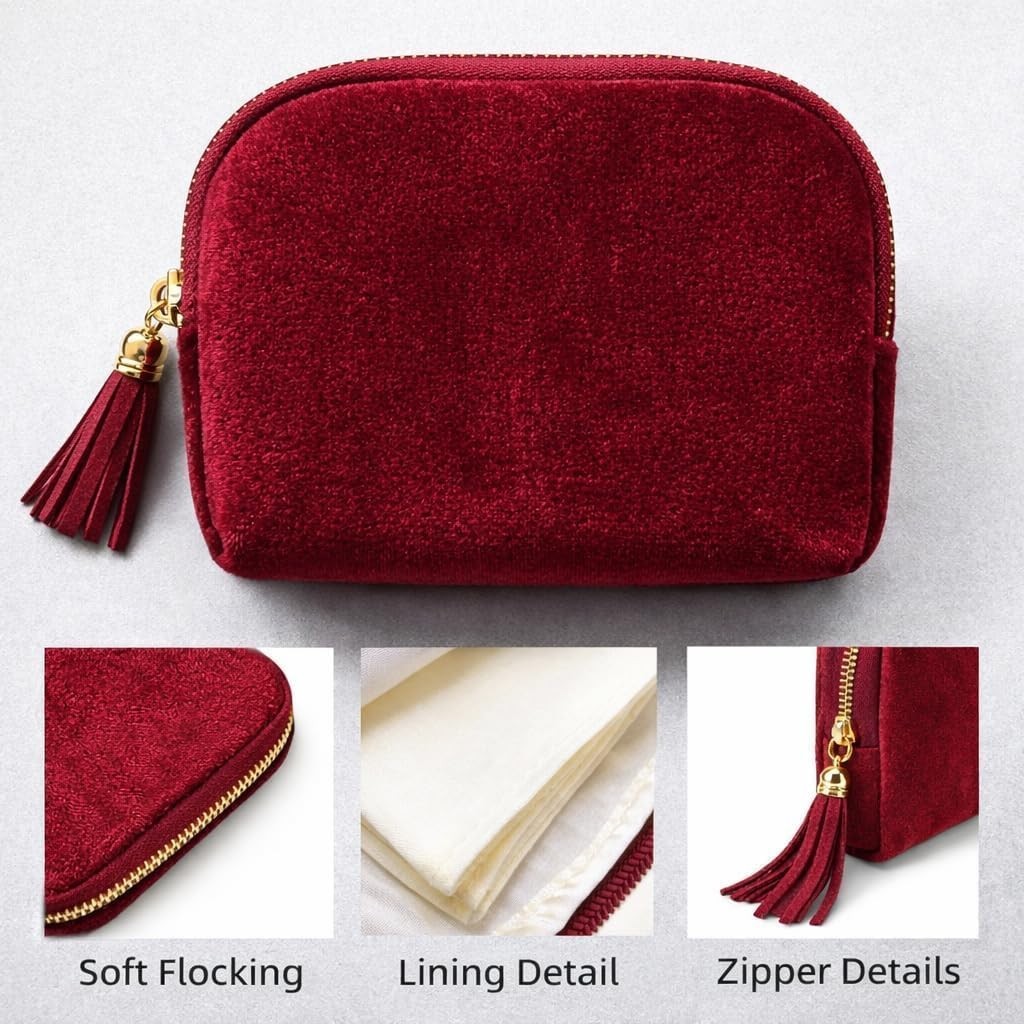 TXTIGER 5.3″ x 4.7″ Small Travel Jewelry Case, Velvet Pouch with Burgundy Red