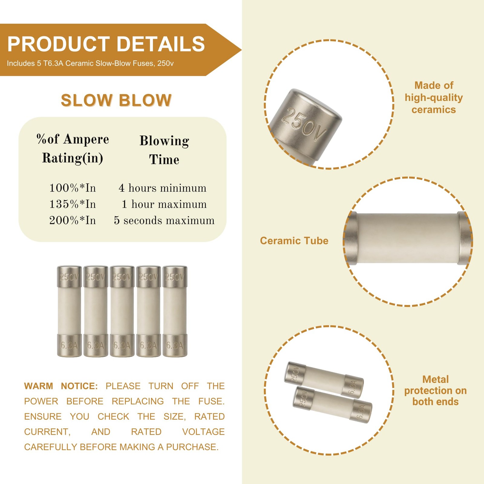 5 Qty. 5x20mm 6.3a Slowblow Ceramic Fuse T6.3a 250v
