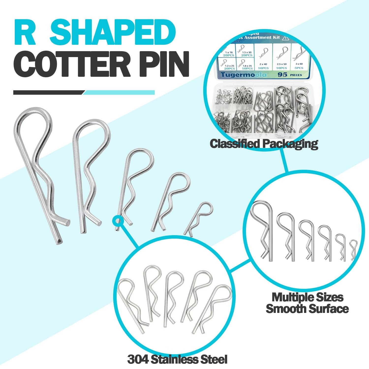 95PCS 7 Sizes Stainless Steel Hitch Pin Clip Assortment Kit R Shaped Cotter Pins